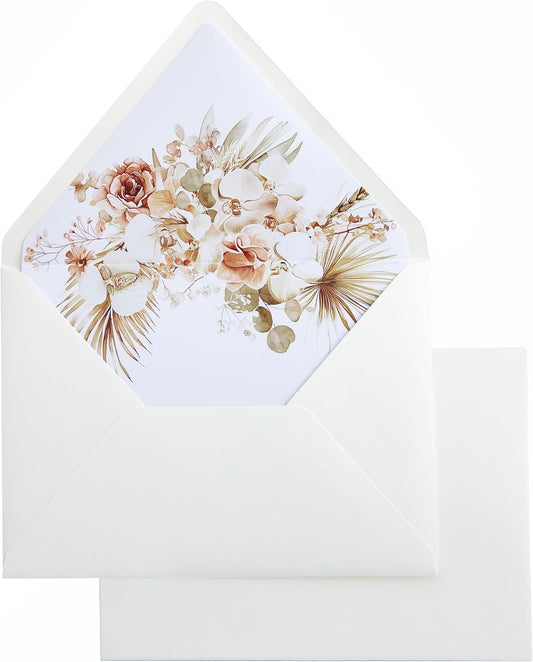 PONATIA 50PCS A7 Euro Flap Ivory Envelope, 5.25 x 7.25'' Boho Flowers Liner Envelopes for Wedding Invitations, Photos, Postcards, Greeting Cards, Acrylic Mailing, 5 x 7 Envelopes