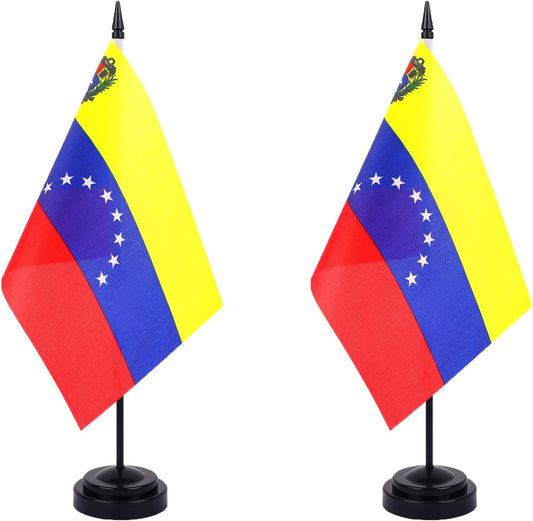 WXTWK 2 Pack Venezuela Flag Venezuela Deluxe Desk Flag Set - Mini Small Venezuelan Table Office Flags with Black 12" Solid Pole Stand Base Classroom Meeting Desktop Decorations