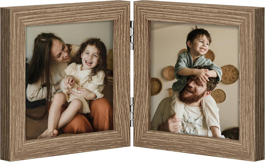 decorUhome Double 4x4 Picture Frame Vertical, Engineered Wood Bifold Photo Frame with Plexiglass for Tabletop Display, 4x4, Oak