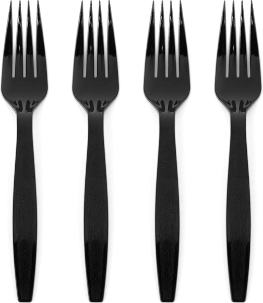 Prestee 100 Black Plastic Forks Heavy-Duty, Heavyweight Plastic Silverware Forks, Fancy Cutlery, Elegant Disposable Forks Pack, Bulk Disposable Flatware, Christmas Holiday Plastic Utensils Set