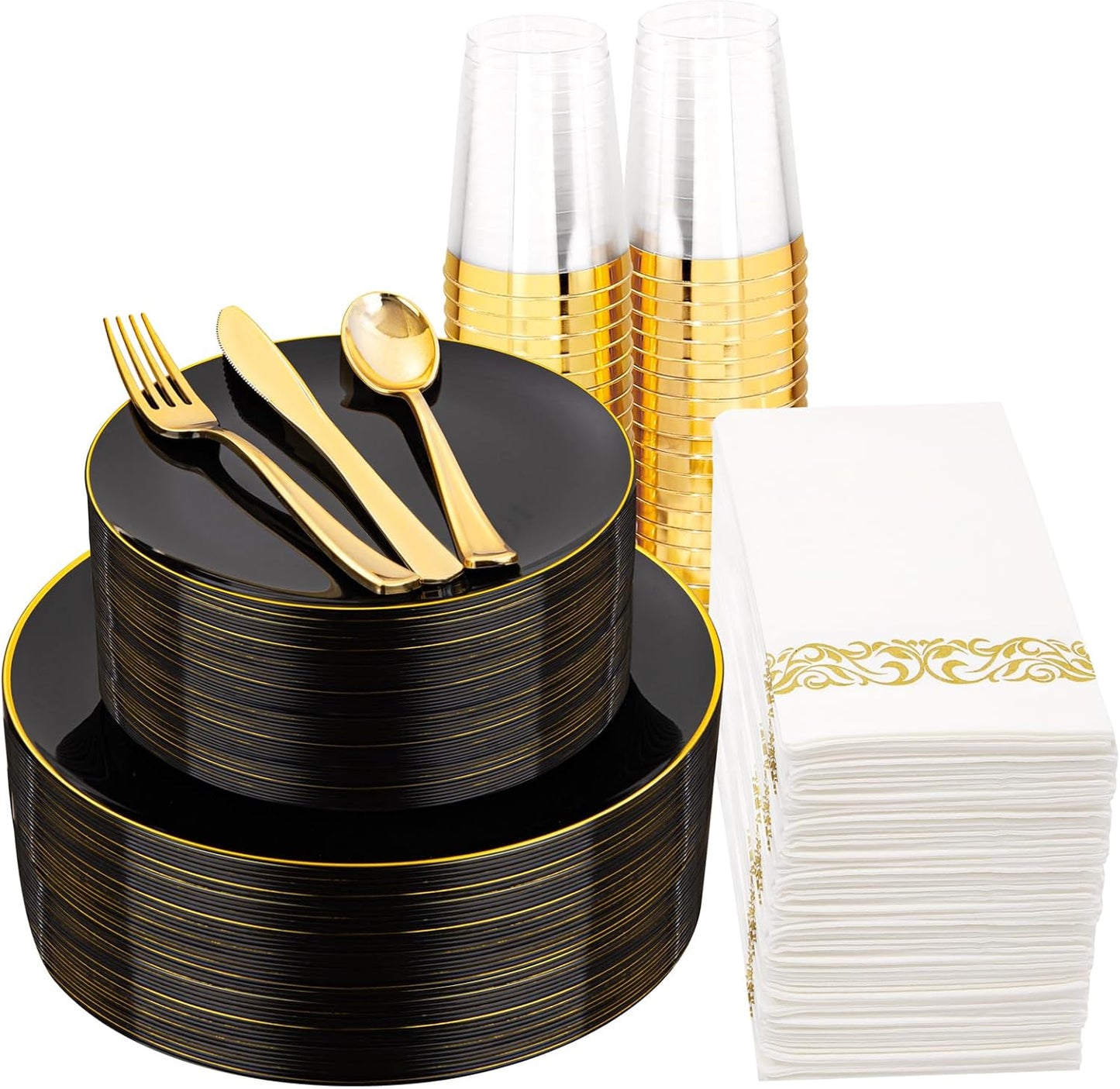 Supernal 350pcs Black & Gold Plastic Dinnerware Set, Elegant Black Plates with Golden Edges, Gold Plastic Silverware, Durable Tableware Perfect for Birthdays, Parties, Wedding, Celebration