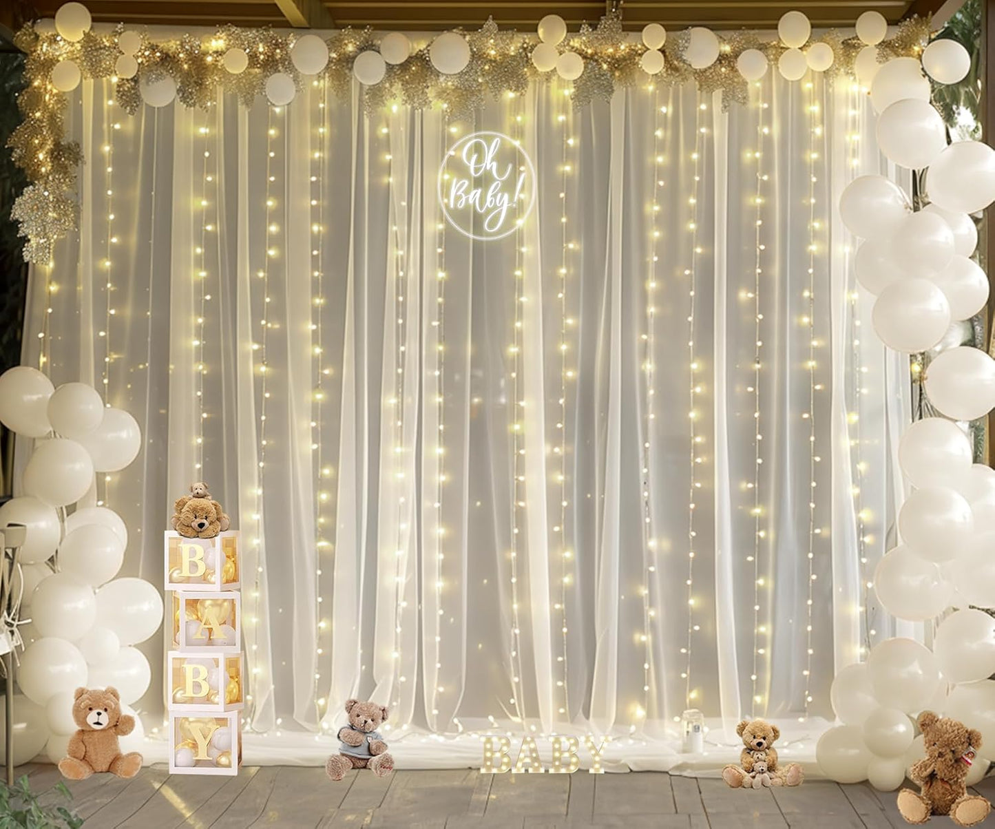 Ivory Sheer Backdrop Curtains with Lights String for Parites Wedding 10×8ft Tulle Backdrop Curtains for Baby Shower Birthday Party Photo Shoot Background Decorations