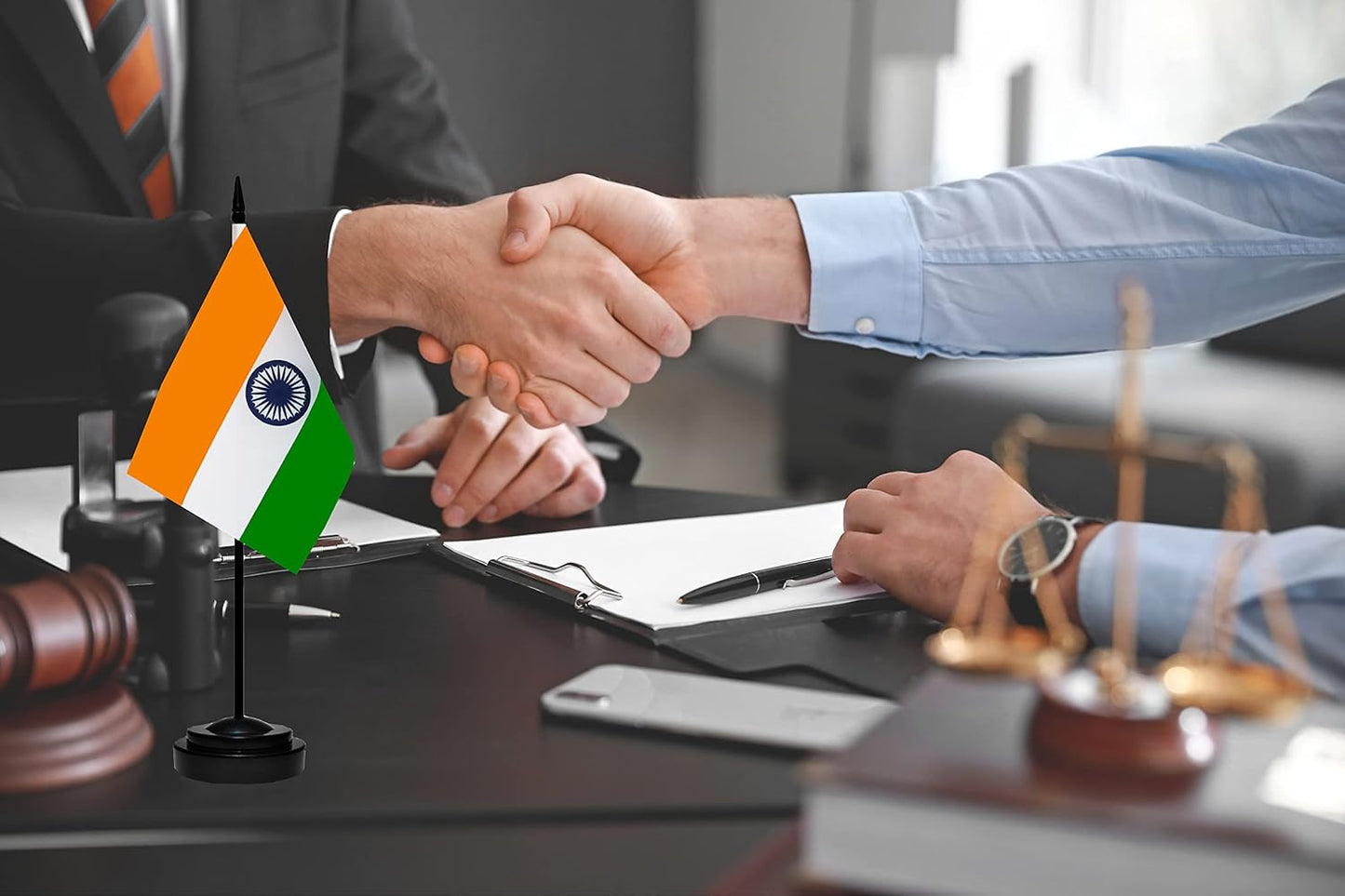 India Indian Deluxe Desk Flag Set Small Mini Miniature India Indian Table Desktop Flags With Solid Pole, Black Base and Spear Top(2 Pack)