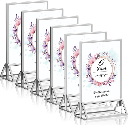 Clear Acrylic Sign Holder 4X6 with Silver Borders Display Stand, Double Sided Acrylic Picture Frames Plastic Sign Holder for Wedding Table Numbers Menu Holder (6 Pack)