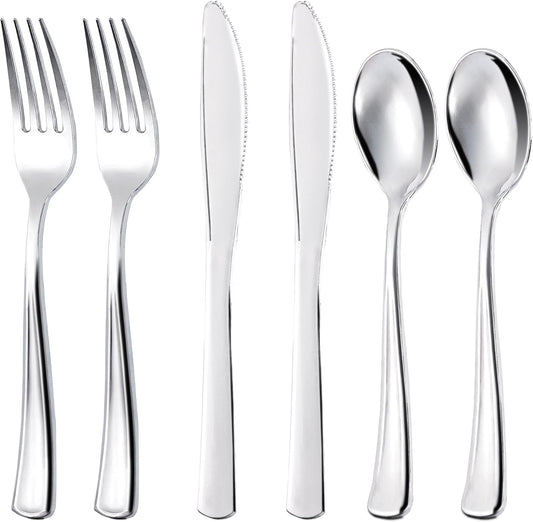 300Pieces Silver Plastic Silverware - Heavy Duty Disposable Utensils - Silver Plastic Cutlery Set Includes 100 Forks, 100 Spoons, 100 Knives for Dinner Parties Weddings
