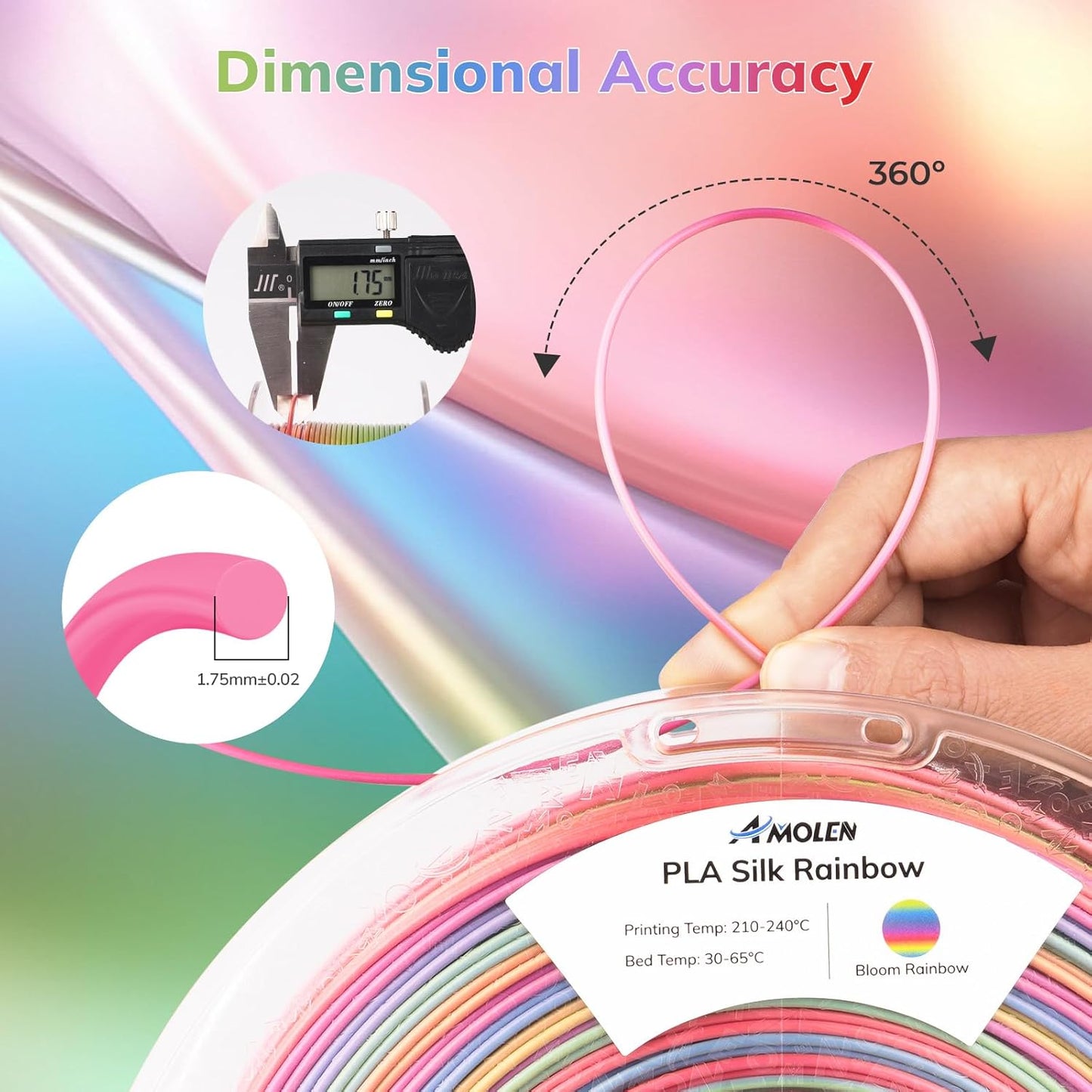 AMOLEN Silk PLA 3D Printer Filament, Shiny Multicolor Rainbow PLA Filament 1.75mm, Gradient Color Change PLA 3D Printing Filament for Most FDM 3D Printer, Pink Blue Purple Green Yellow, 1kg (2.2lbs)