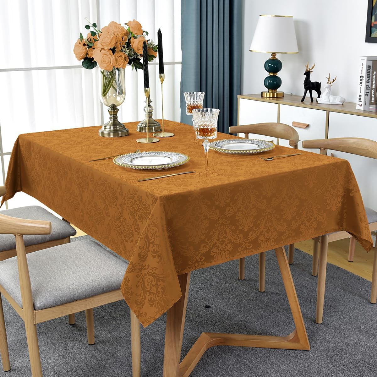 SASTYBALE Fall Tablecloth for Rectangle Tables 60 x 102 Inch Spill Proof Washable Autumn Jacquard Damask Heavy Table Cloth, Polyester Table Cover for Thanksgiving, Harvest, Holiday, Amber/Bronze