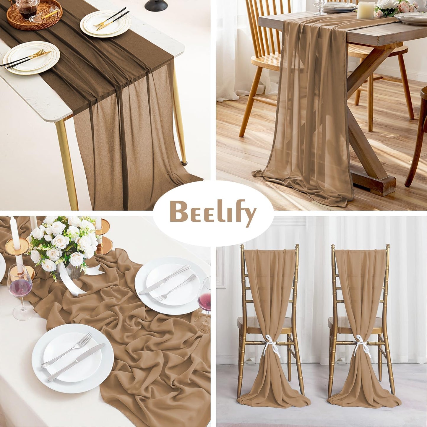 2 Pack 10 Ft Chiffon Table Runner Brown Gauze Long Table Runners 27x120 Inches Sheer Tulle Table Runner for Rustic Wedding Reception Bridal Shower Decorations Birthday Party