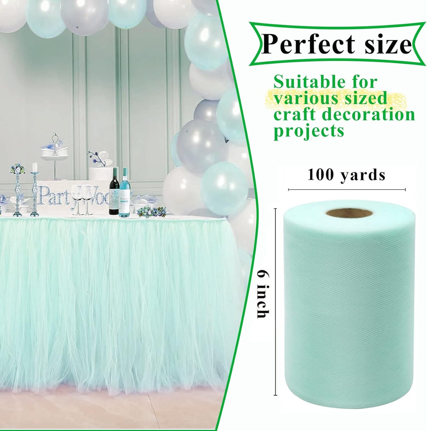 Aqua Blue Tulle Fabric Rolls 6 Inch by 100 Yards (300 feet) Fabric Spool Tulle Ribbon for DIY Tutu Bow Baby Shower Birthday Party Wedding Decorations Christmas Craft Supplies