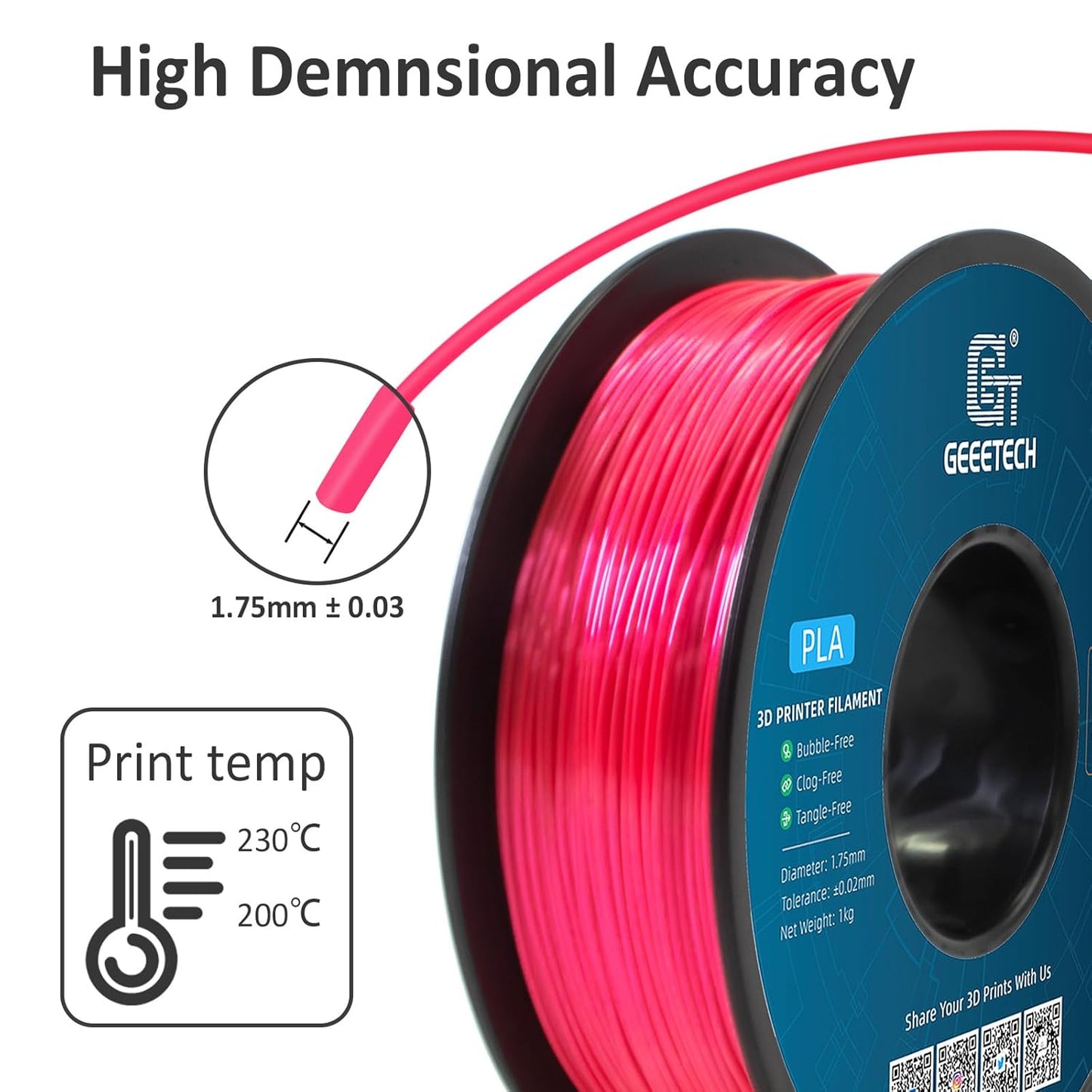 Geeetech Silk PLA Filament 1.75mm for 3D Printer, Metal-Like Shiny 3D Filament 1kg (2.2lbs) 1 Spool, Dimensional Accuracy +/- 0.02 mm, Metallic Pink (Magenta)