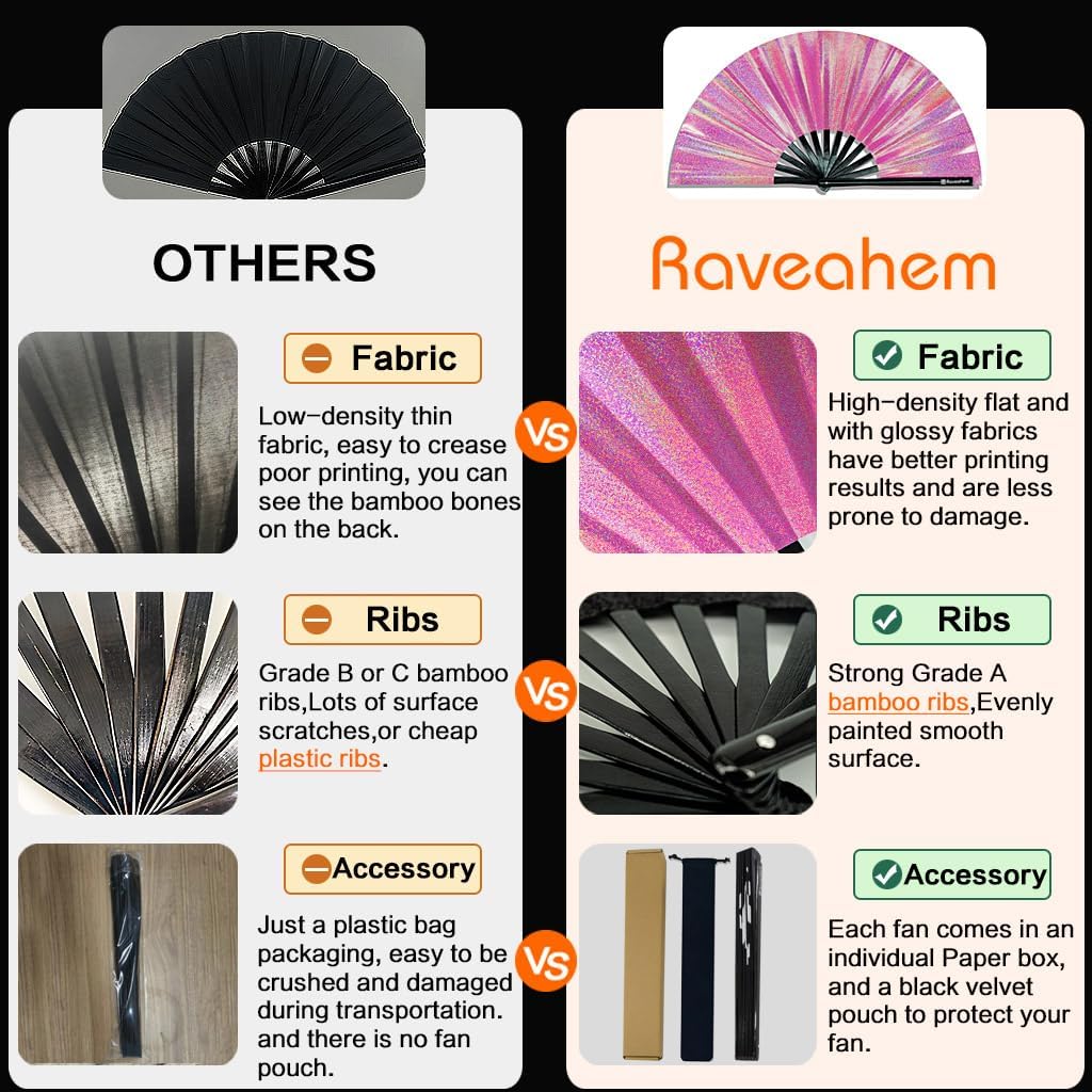 Large Rave Fan, Clack Folding Hand Fan with Premium Fabric, Thick Bamboo Frame for Men Women Gift for EDM, Festival, Club, Party, Dance, Decoration (Lridescent Pink, 11")
