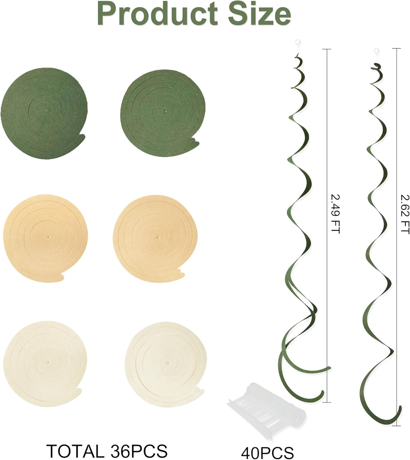 36Pcs Sage Green Hanging Swirl Decoration Olive Green Tan Brown Cream Neutral Felt Swirl Streamer Spiral Ceiling Garland for Greenery Safari Jungle Woodland Birthday Baby Shower Wedding Party Supplies