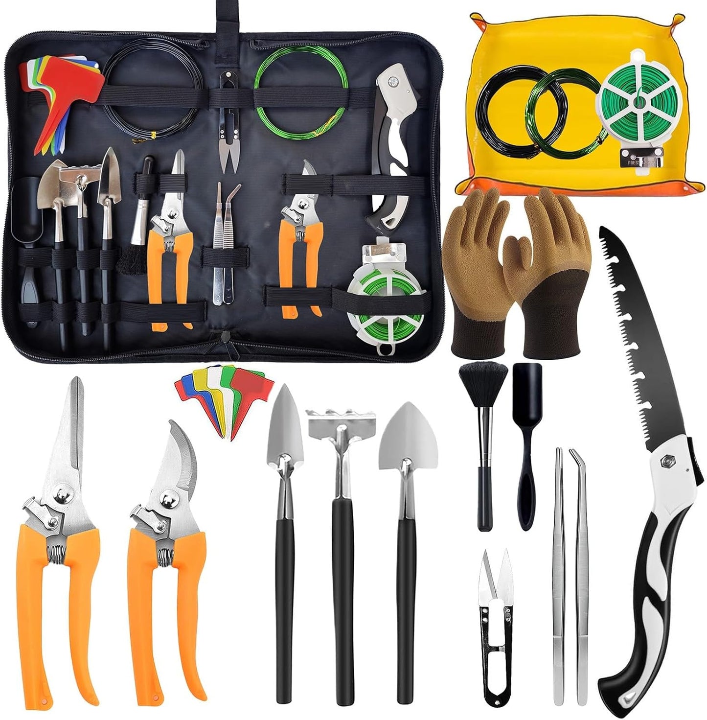 Bonsai Tools Set for Beginners, Bonsai Tree Kit with Training Wire, Scissors, Pruning Shears, Repotting Kit, Indoor Plant Tools Starter Kit (Orange with saws)