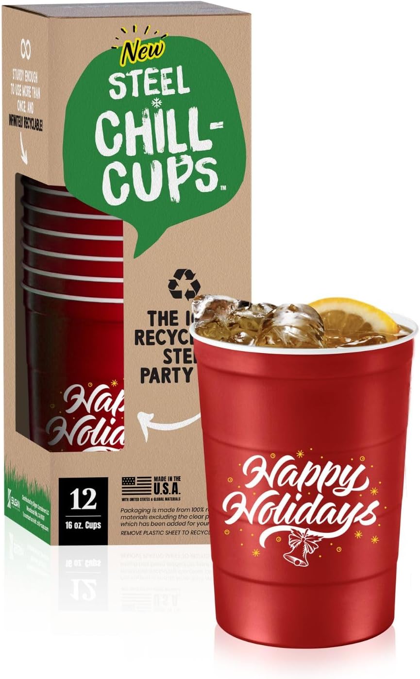 16 oz. Party Cups 'Happy Holidays' Christmas Tree Design for Cold Drinks, Durable, Disposable, Recyclable, Made in USA, Red, 12 Count