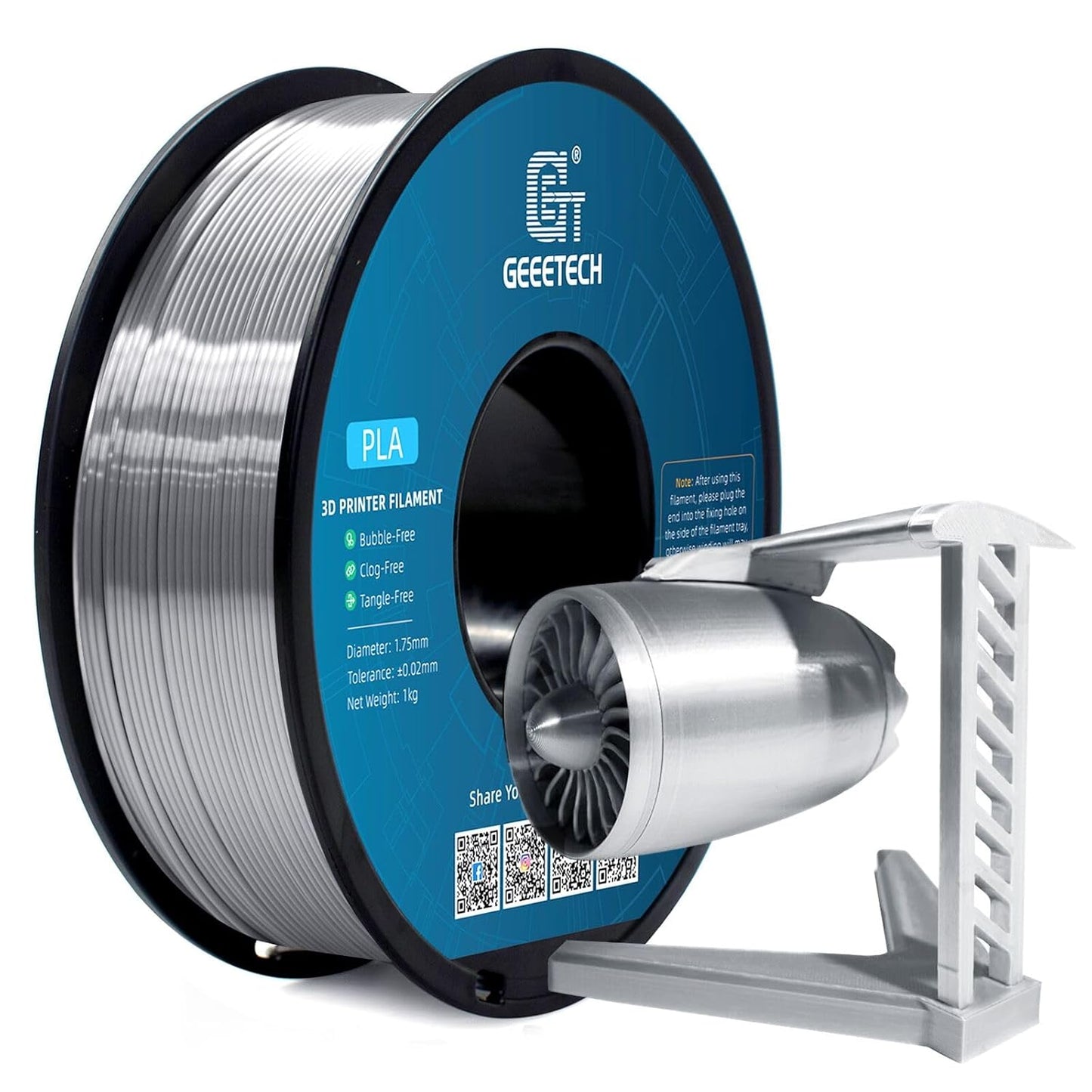 Geeetech Silk PLA Filament 1.75mm for 3D Printer, Metal-Like Shiny 3D Filament 1kg (2.2lbs) 1 Spool, Dimensional Accuracy +/- 0.02 mm, Metallic Silver Silk Filament