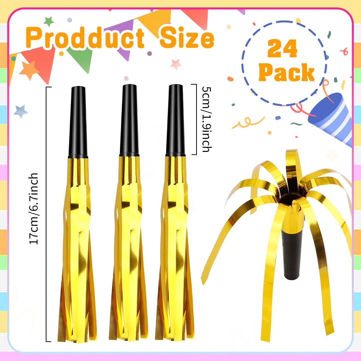 Noise Makers, 24 PCS Gold Noise Makers, Glitter Metallic Fringed Party Blowers Noisemakers Horns for Adults for Birthday Sporting Events Christmas 2025 New Year Eve Party Favor Supplies Decorations