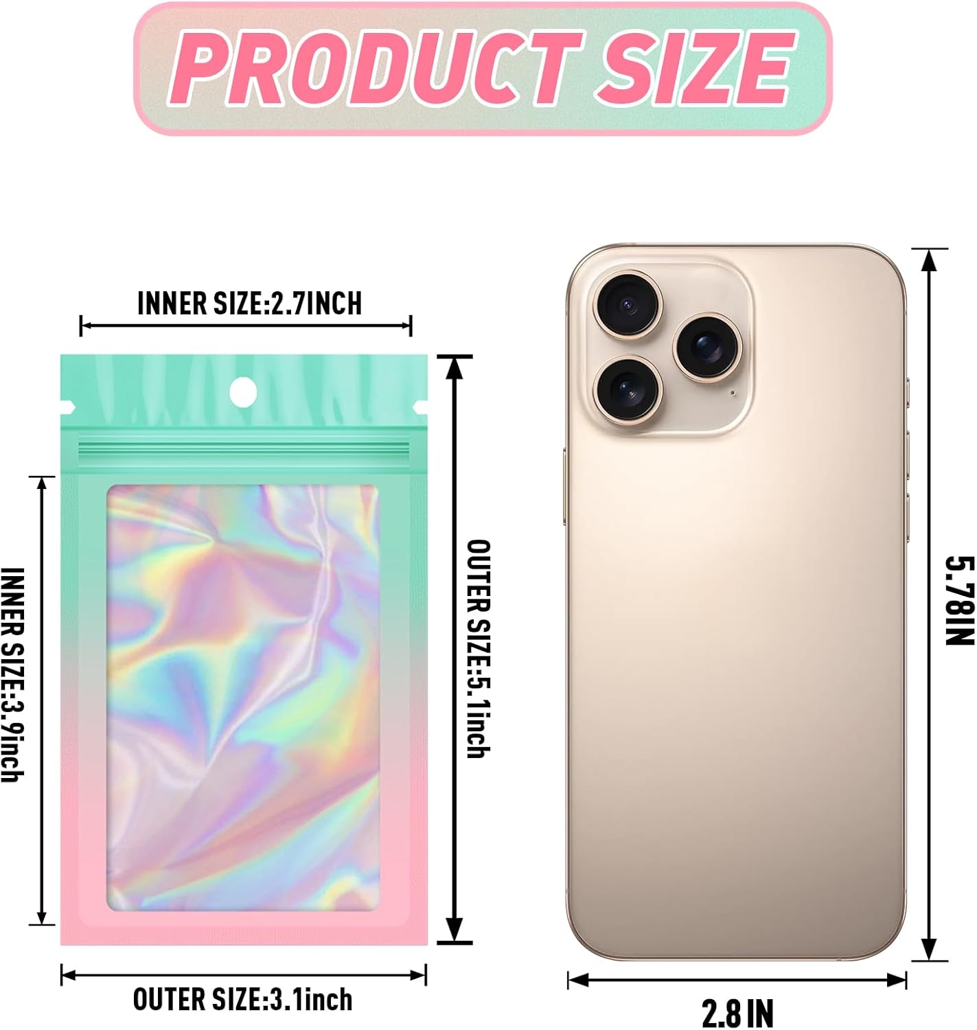 Funfery 100 Pack Gradient Holographic Bags,Mylar Resealable Bag with Zipper,Clear Window Packaging Pouch,Smell Proof Bags for Food Storage,Sample Jewelry Baggies(3.1x5.1In,Green Pink)