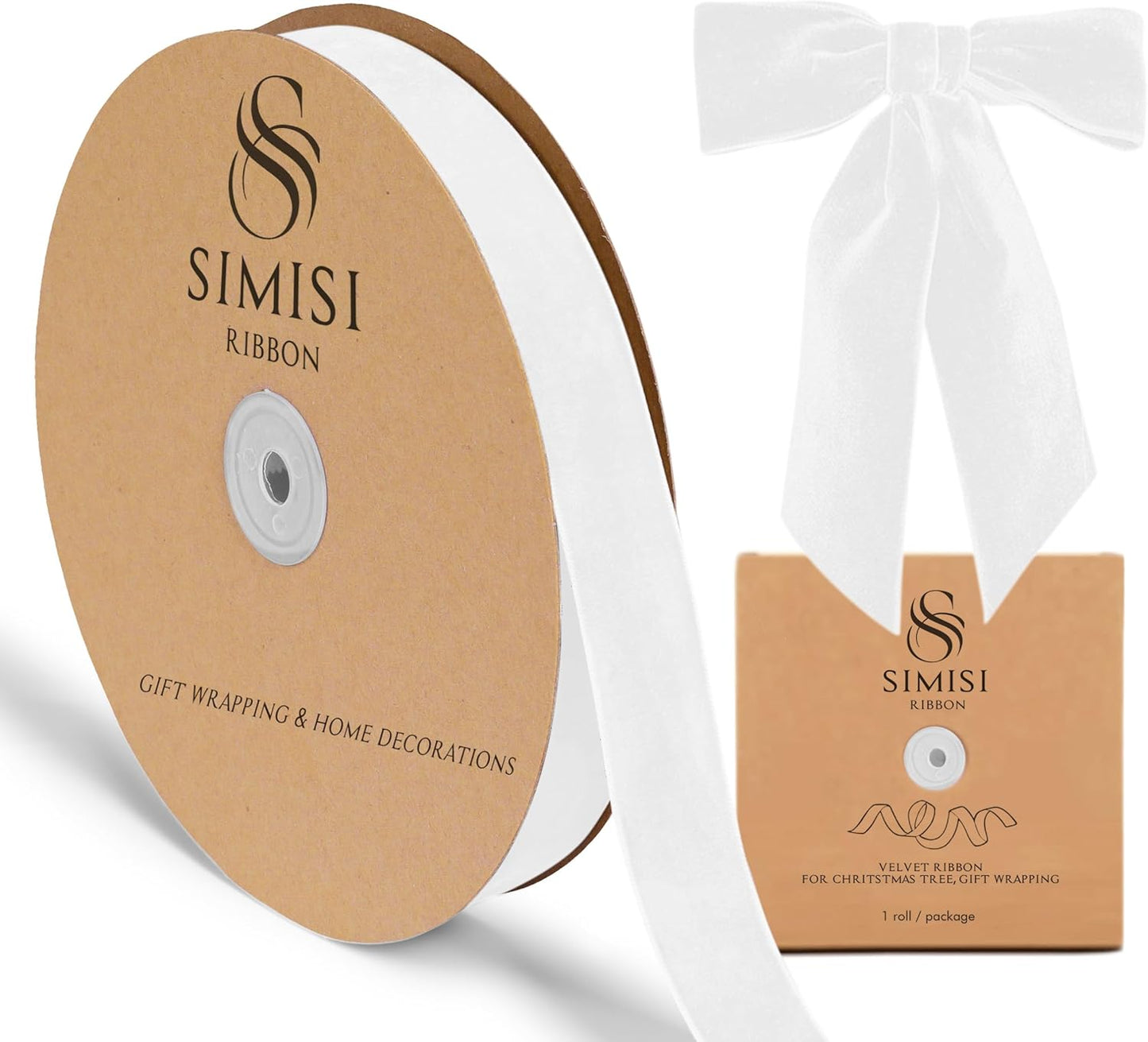 White Velvet Ribbon 1'' 25 Yards for Christmas Tree, Gift Wrapping, Flower Bouquet, Wreath Decorations, Bow Making