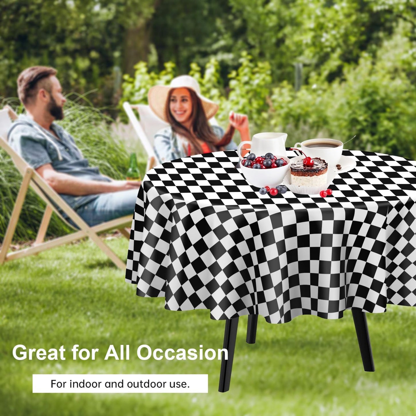 QIKSION Black and White Gingham Round Tablecloth 2 Pack, 84 Inch Plastic Checkered Table Cover Disposable for Parties