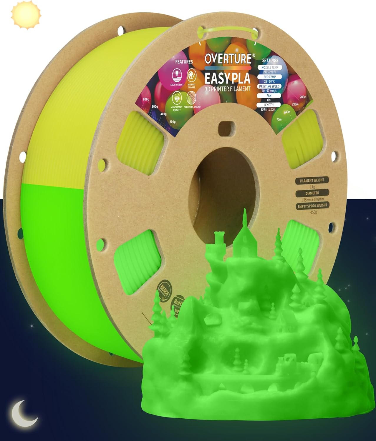 OVERTURE Glow PLA Filament 1.75mm 3D Printer Filament, 1kg Spool (2.2lbs), Dimensional Accuracy +/- 0.02 mm, Fit Most FDM Printer (Glow Yellow)