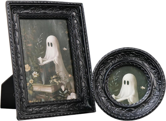 Cuspin Black Picture Frame Set of 2 Vintage Baroque Frames, Ornate Resin Photo Frame with 4x6 Picture Frame and 3x3 Round Frame, Antique Decorative Design for Tabletop Display or Wall Hanging