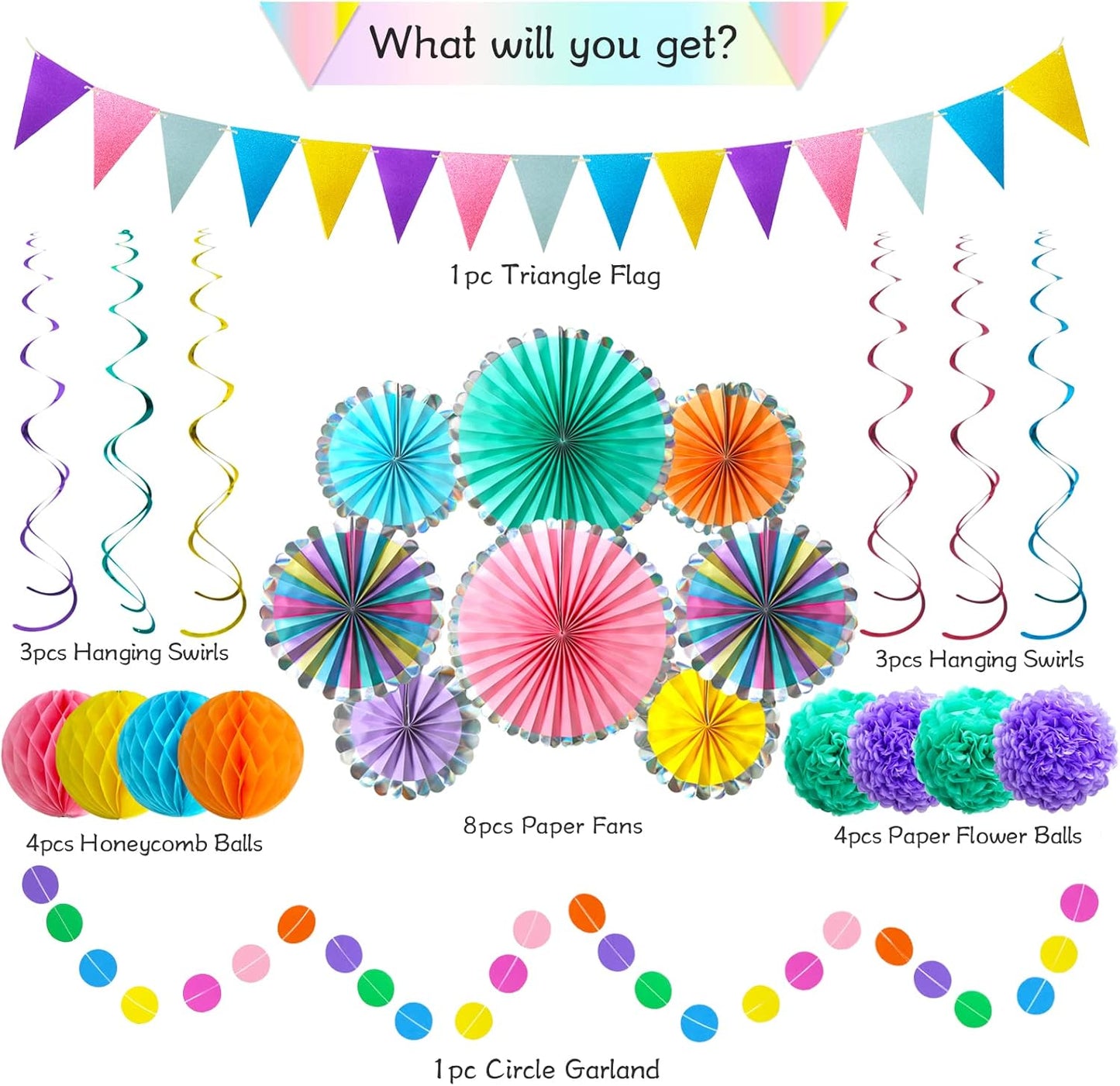 Colorful Hanging Paper Fan Party Decorations, Birthday Decorations Supplies for Women and Men, Fiesta Rainbow Colorful Fans Paper Flowers Tissue Pom and Favors Streamers Banner Decor for Adults Kids