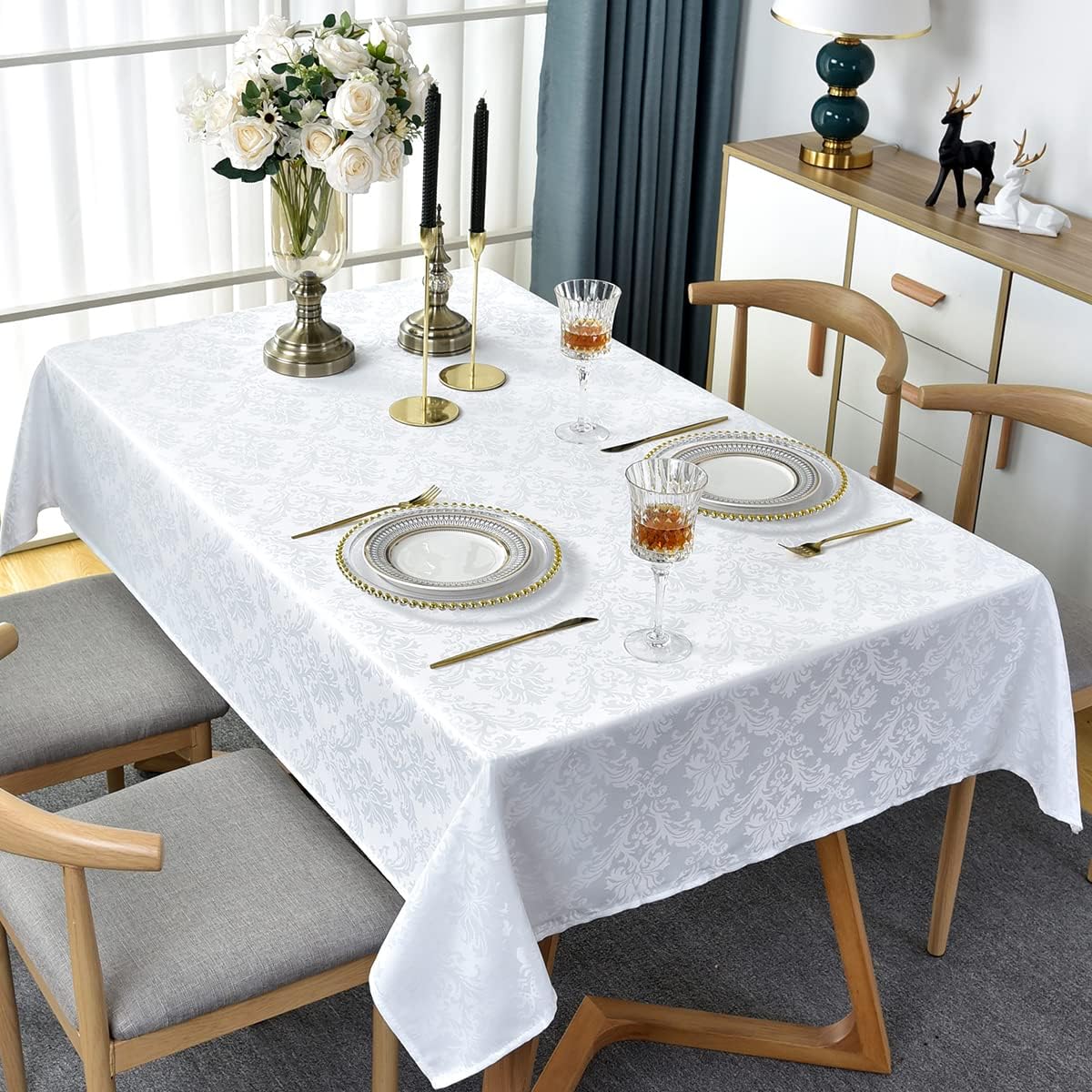 SASTYBALE White Tablecloth Square 52 x 52 Inch Jacquard Damask Table Cloth, Spill Proof Wrinkle Free Polyester Table Cloths, Washable Tables Cover for Kitchen Dining, Party, Indoor, Outdoor