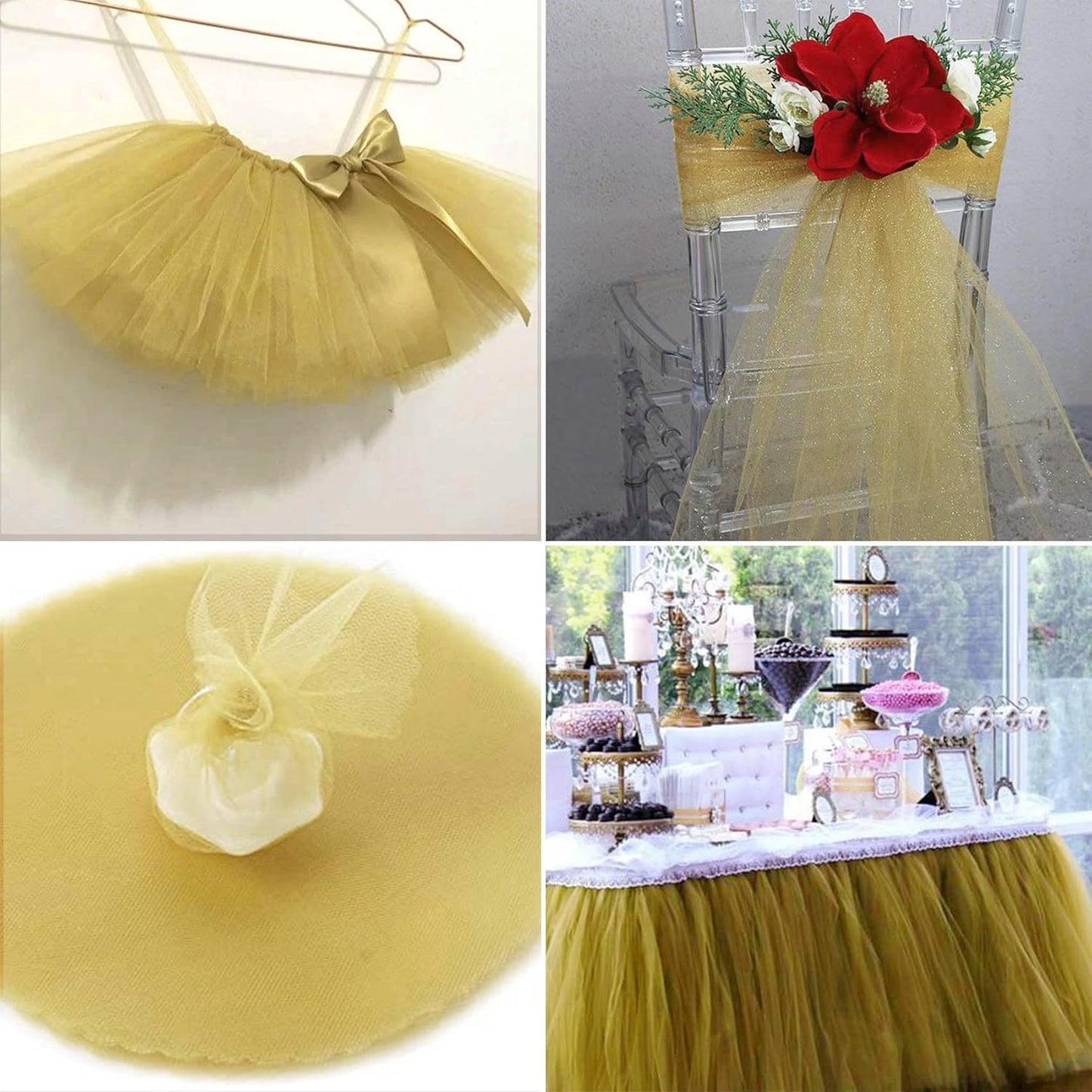 Tulle Fabric Rolls 54 Inch by 40 Yards Tulle Bolt Spool for Wedding Christmas Decorations DIY Tutu Baby Shower Table Skirt Ceiling Decor Birthday Party Craft Supplies (Antique Gold)