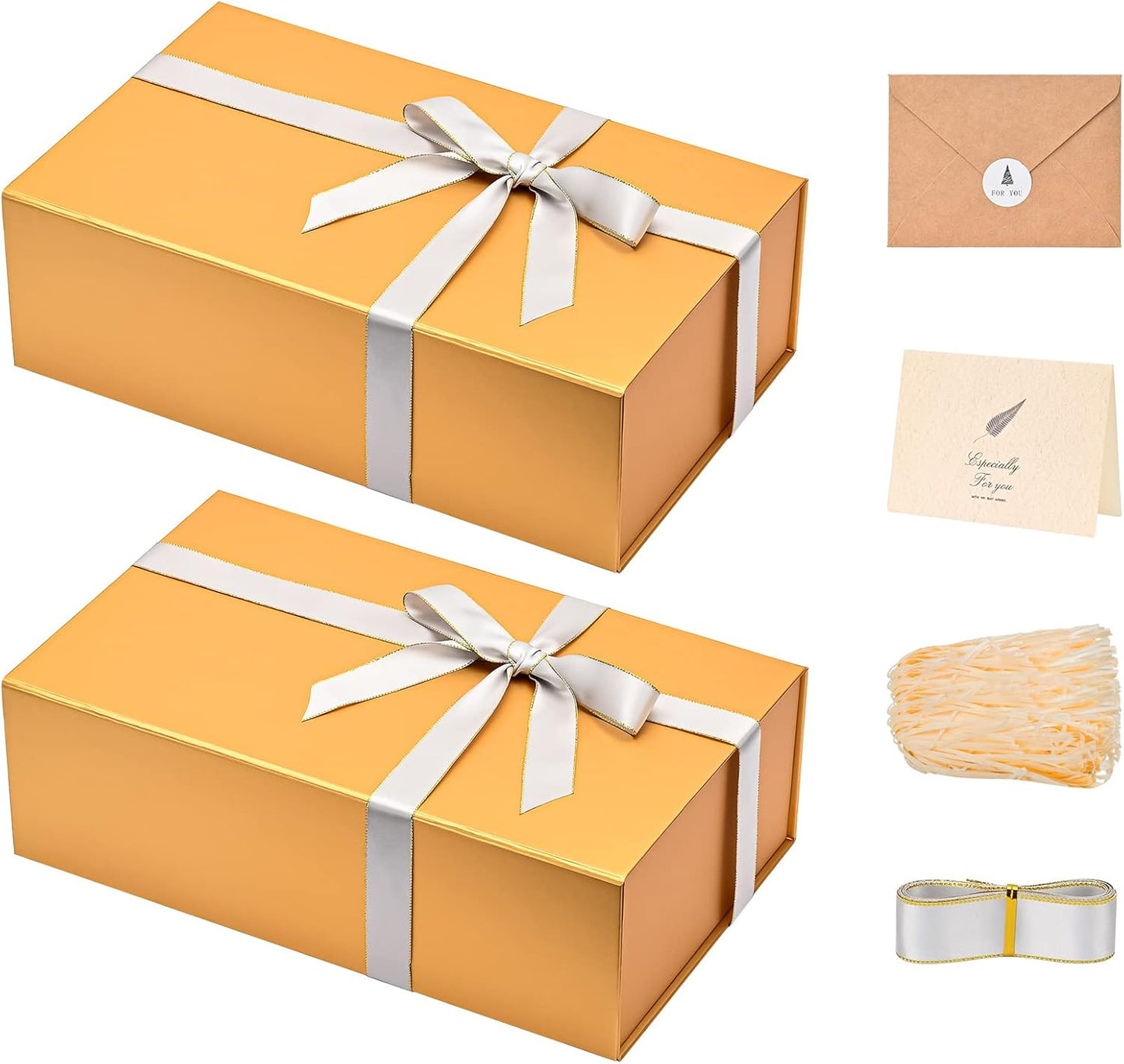 LIFELUM Gift Boxes with Lids,2 Pack 13.85 x 8.35 x 4.45 inch Gold Gift Boxes with Magnetic Lid and Ribbon, Card, Shredded Paper Filler Empty Gift Box for Christmas,Valentine's day,Birthdays