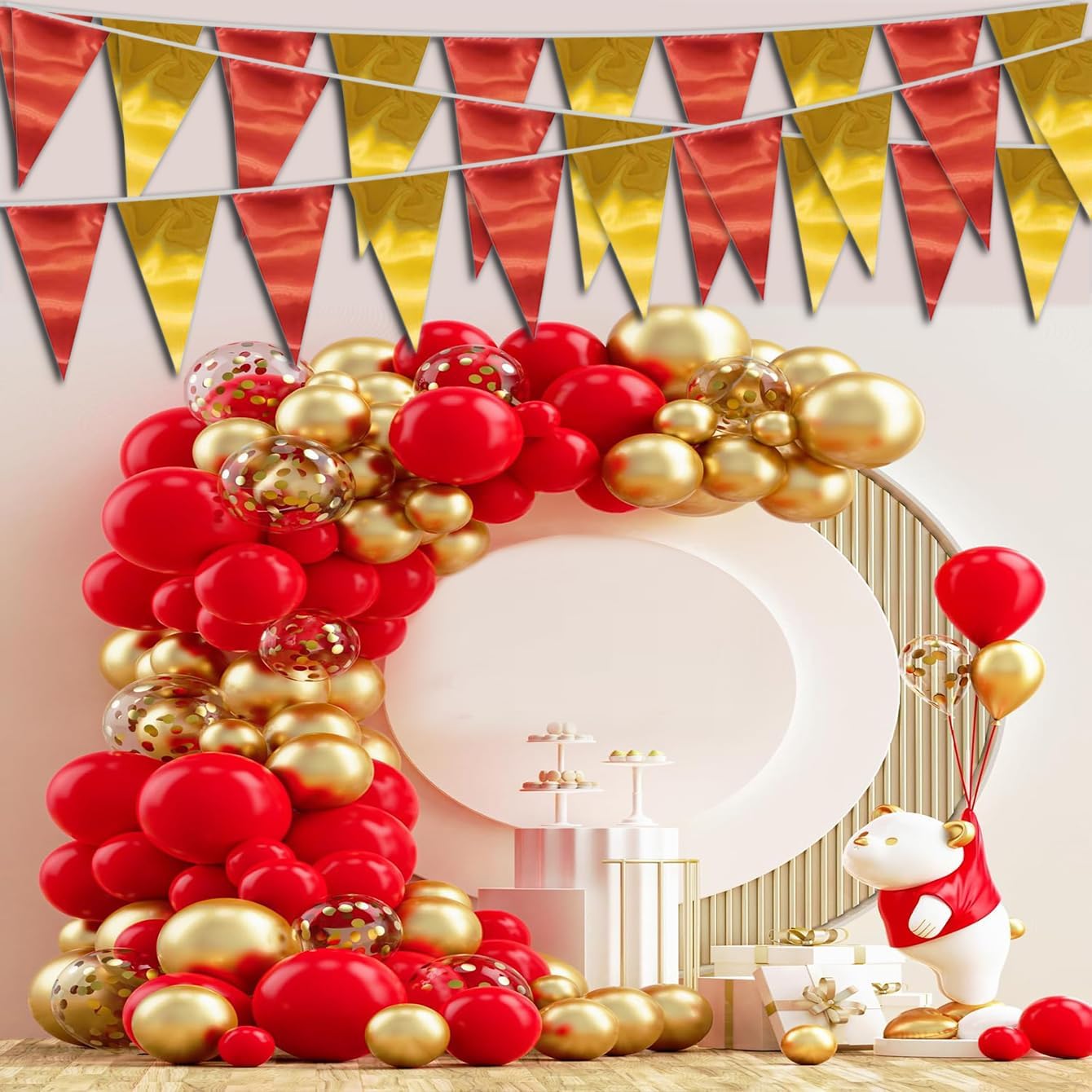 40M/130FT Red Gold Triangle Pennant Banner Flag Metallic Fabric Bunting Garland for Christmas Graduation Anniversary Birthday Engagement Wedding Anniversary Casino Party Decorations Supplies