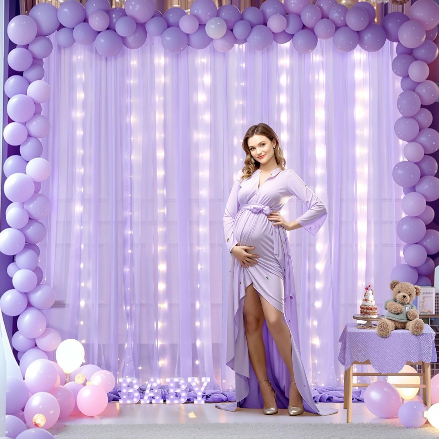 10x10ft Lavender Chiffon Backdrop Curtain with Lights for Wedding Baby Shower, Light Purple Curtain Backdrop with Lights for Birthday Party Gender Reveal Photo Shoot (5 x 10ft,2 Panels)