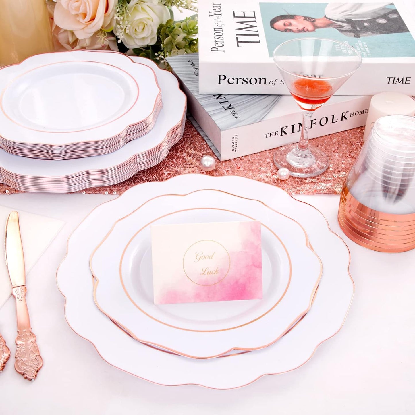 NOCCUR 175PCS Rose Gold Plastic Plates with Disposable Silverware - Include 25Dinner Plates, 25Dessert Plates, 25Forks, 25Knives, 25Spoons, 25Cups, 25Napkins for Wedding&Party