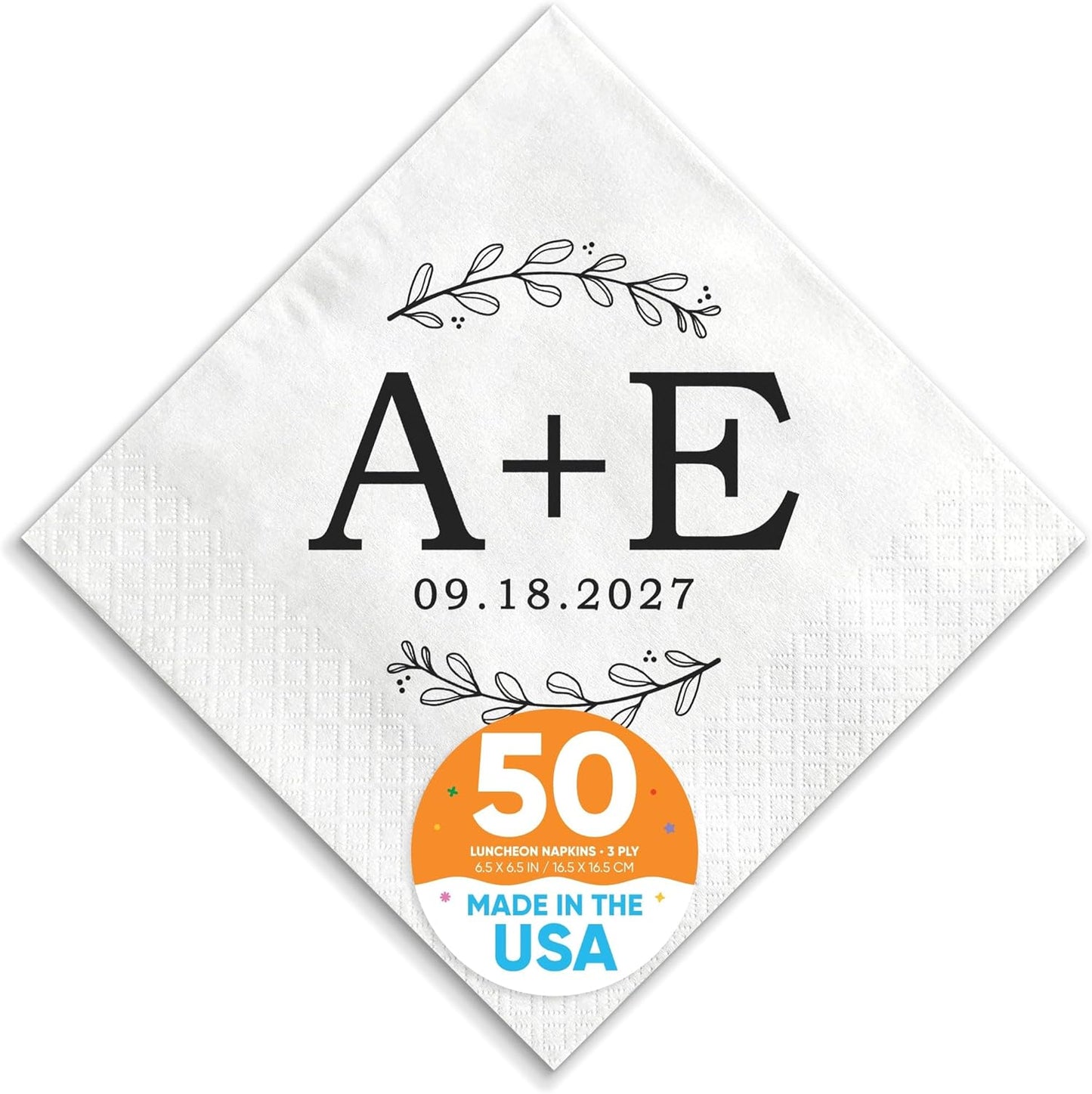 Big Dot of Happiness Personalized Rustic Leaves Monogram Wedding Napkins, Custom Engagement or Anniversary Party Laurel Wreath Branch Decor, White 3-Ply Paper Luncheon Napkins - 50 Count