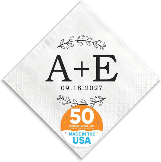 Big Dot of Happiness Personalized Rustic Leaves Monogram Wedding Napkins, Custom Engagement or Anniversary Party Laurel Wreath Branch Decor, White 3-Ply Paper Luncheon Napkins - 50 Count