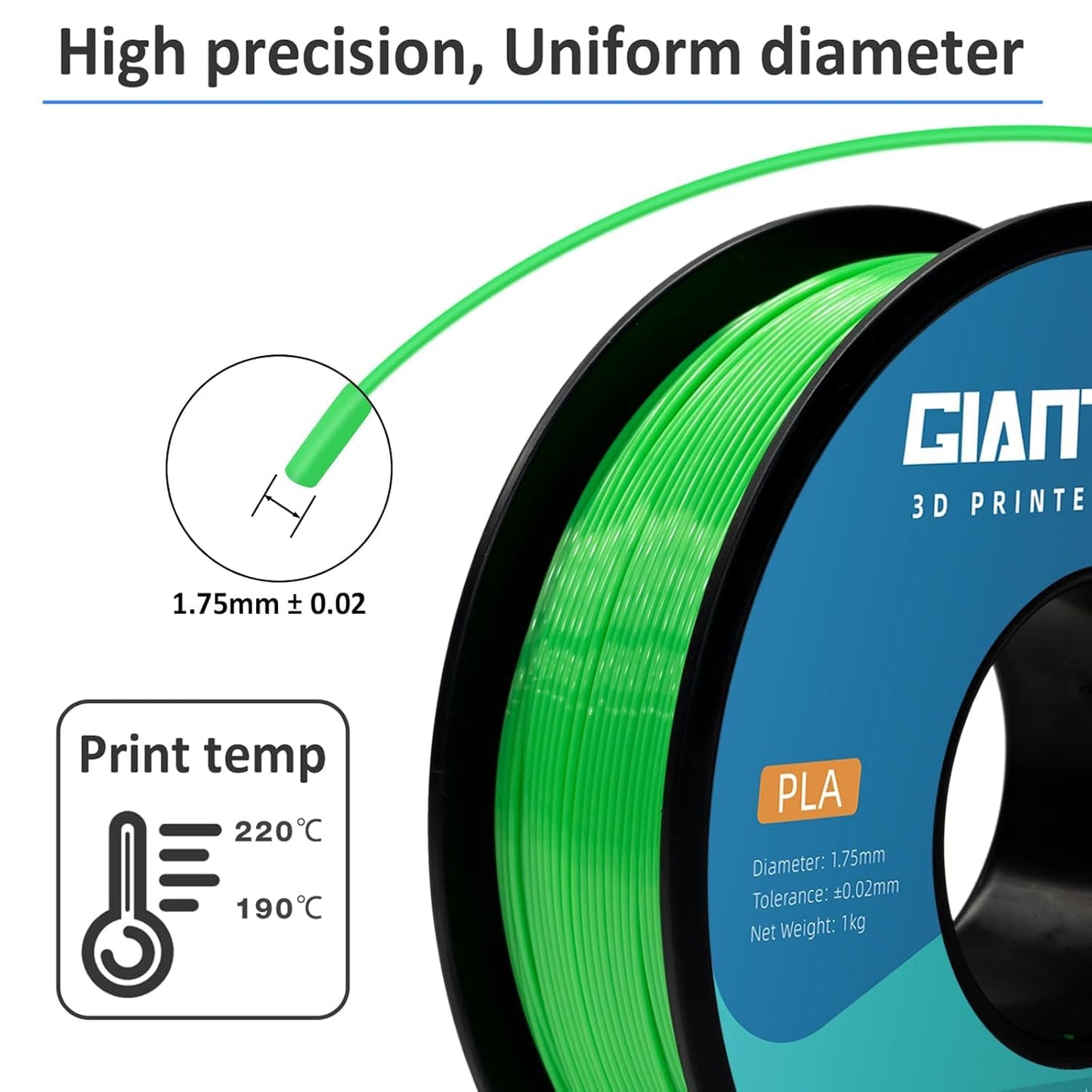 GIANTARM PLA Filament 2KG,Green 3D Printer Filament 1.75mm,Neatly Wound Green PLA 2pcs 1kg Spool (2.2lbs),Dimensional Accuracy +/- 0.02 mm,Fit Most FDM 3D Printers