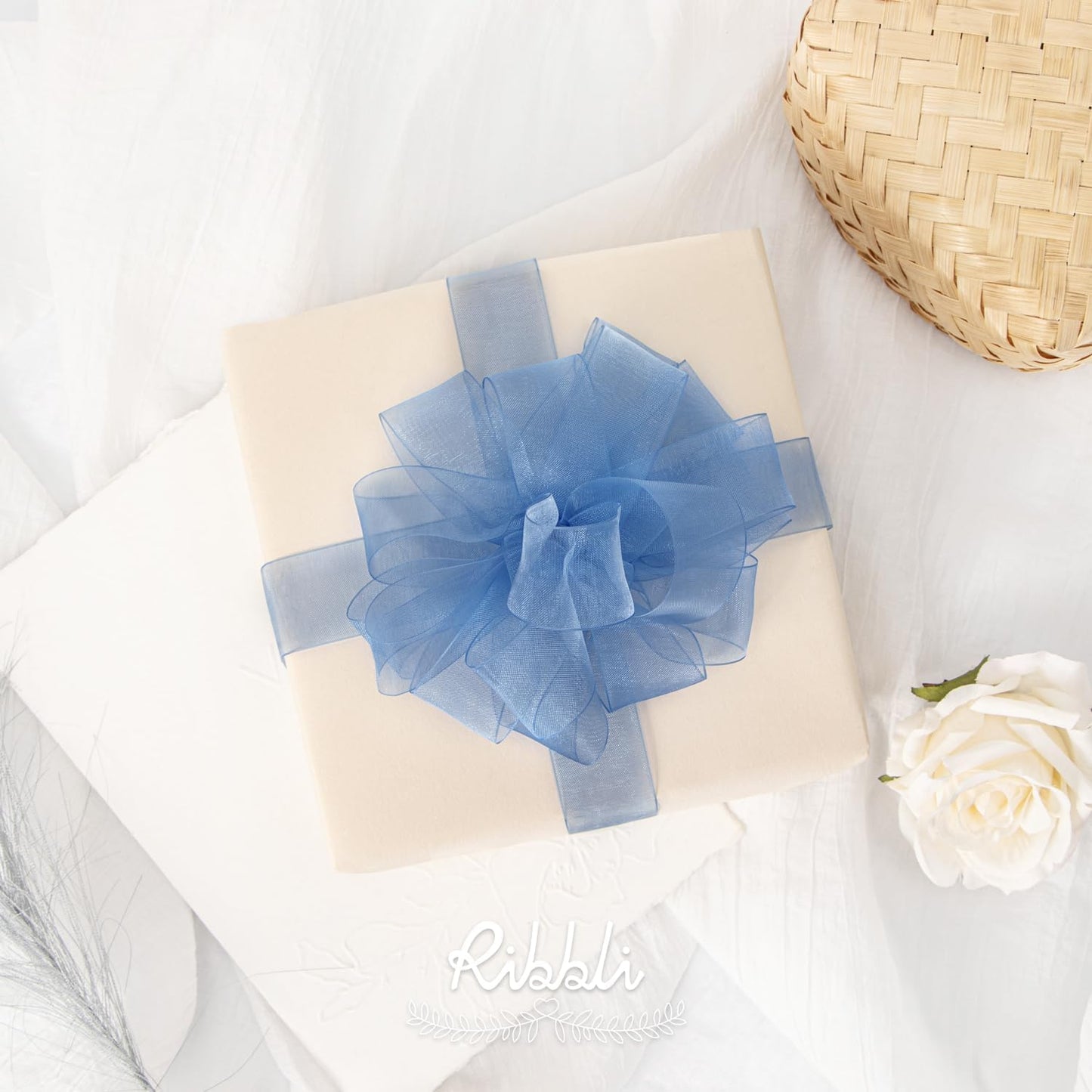 Ribbli Dusty Blue Organza Ribbon 1 Inches x Continuous 50 Yard Blue Sheer Ribbon for Gift Wrapping,Cookie Wrapping,Wedding Decoration