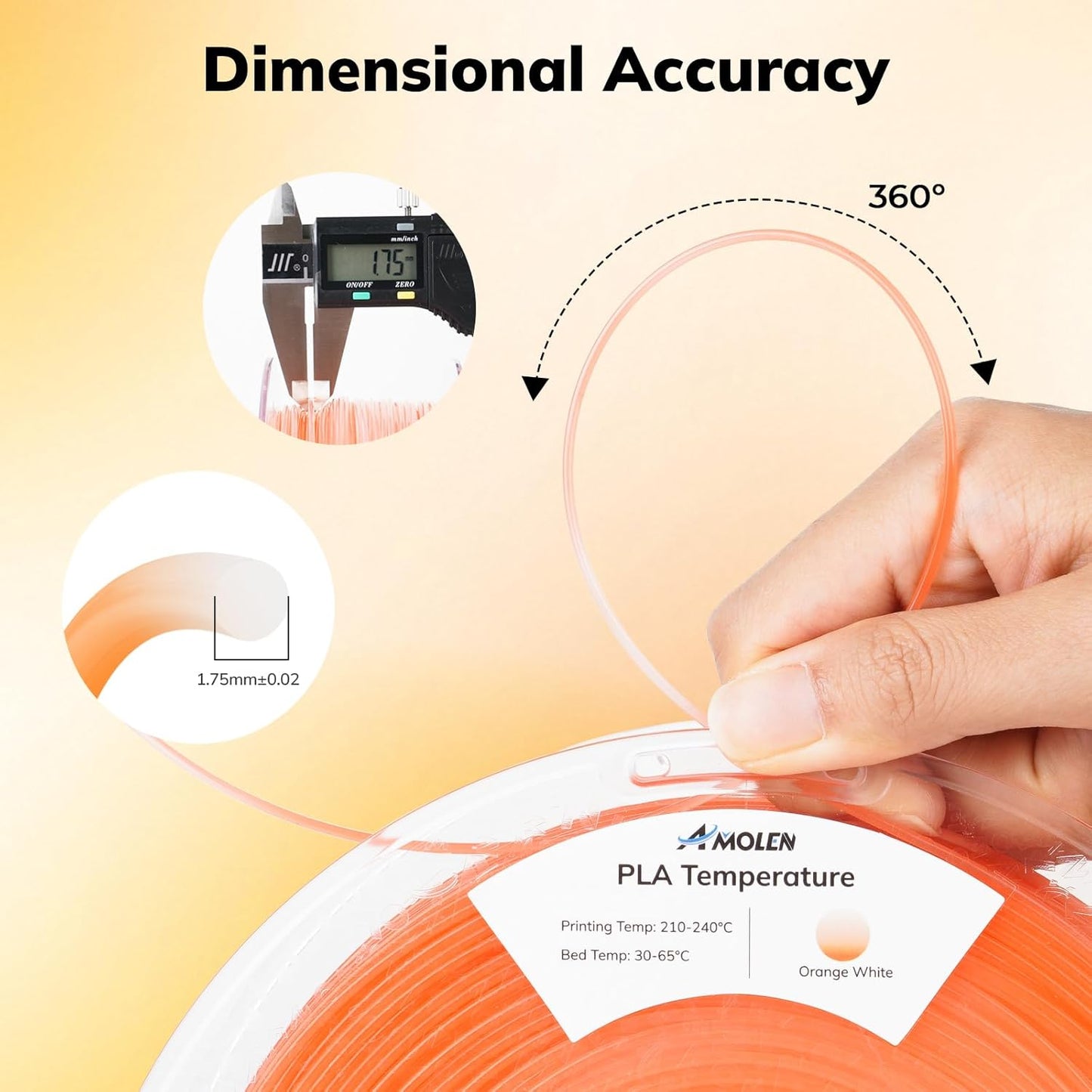AMOLEN 3D Printer Filament, Temp Change Orange to White PLA Filament 1.75mm, Cold & Heat Temp Color Change with Temperature Filament, Dimensional Accuracy +/- 0.02mm, 1KG/2.2lb, Fits Most FDM Printers