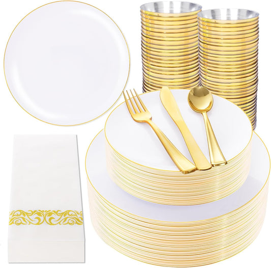 NOCCUR 350PCS Gold Disposable Dinnerware Set for 50 Guests - White and Gold Plastic Plates Include 50 Dinner/Dessert Plates, 150 Silverware and 50 Napkins/Cups Ideal for Fall Party&Thanksgiving