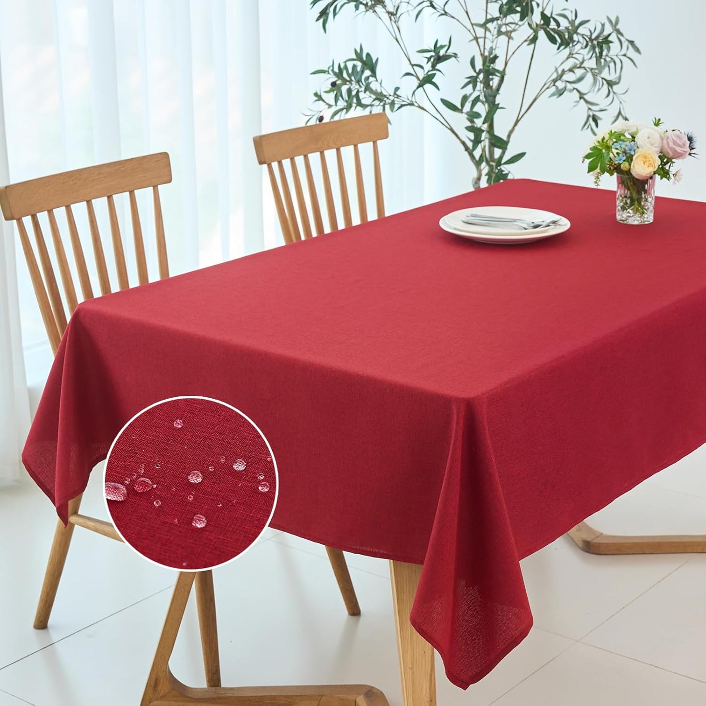 maxmill Linen Textured Rectangular Tablecloth Water Resistant Wrinkle Free Spill-Proof, Soft Table Cloth for Dining Room Christmas Decoration, Banquet Party Holiday Webbing Dinner, 60 x 84 Inch Red