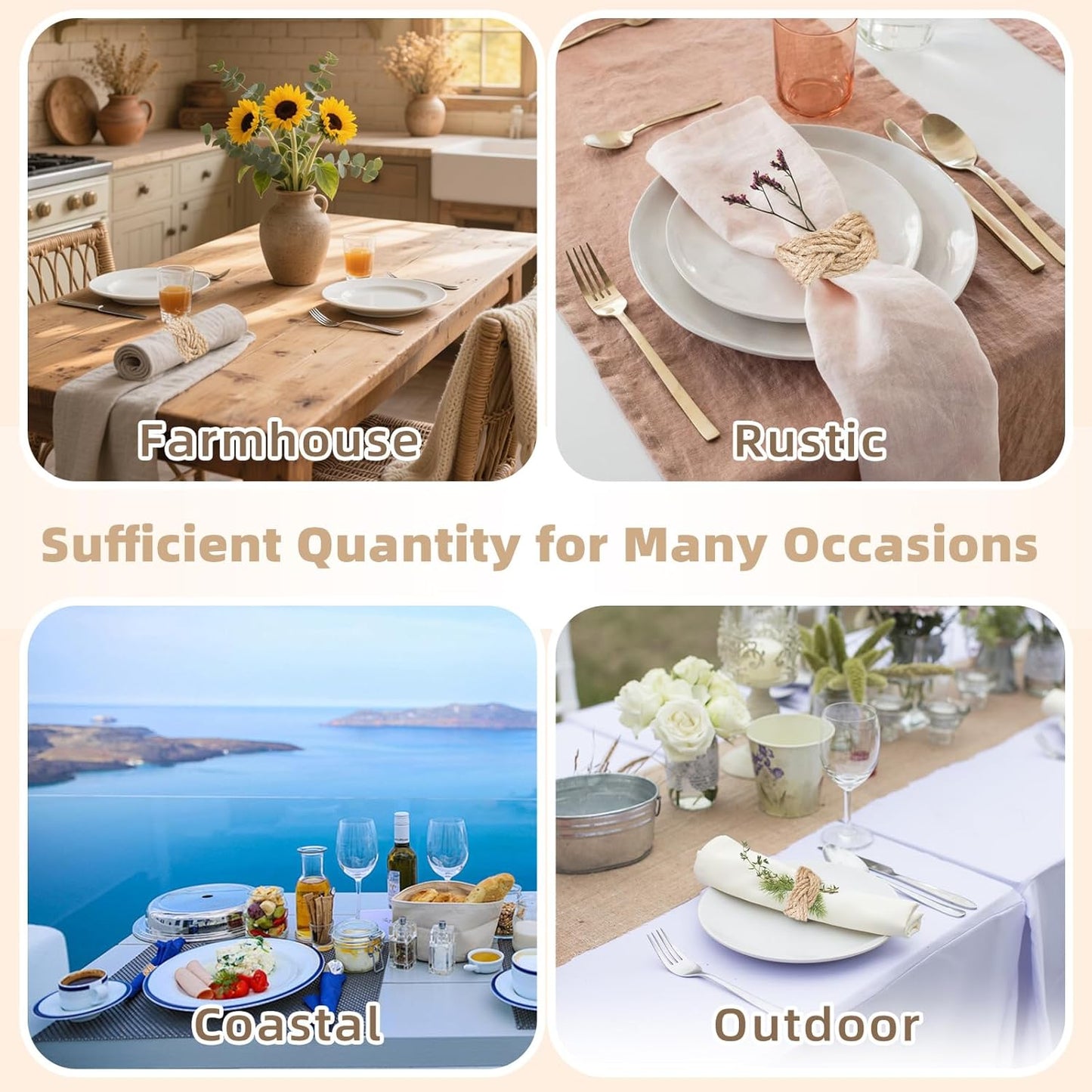 Woven Napkin Rings Set of 48, Mgrlfbl Farmhouse Burlap Napkin Ring for Holiday Dinner Birthday Wedding Thanksgiving Christmas Banquet Party of Table Setting Decorations(Yute 48)