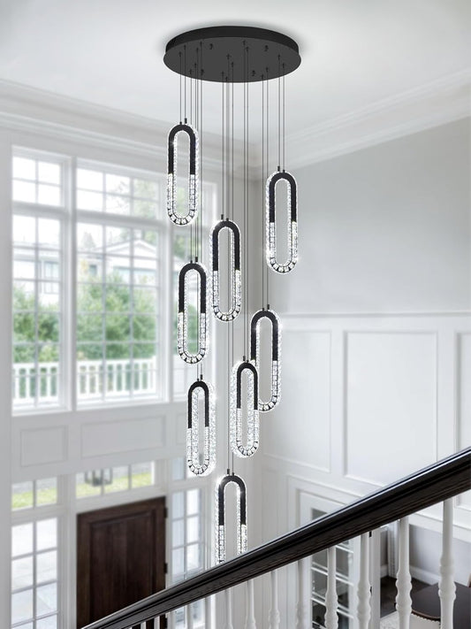 8 Rings Crystal Chandelier,H 118" Modern Black Pendant Light Luxury Foyer Lighting Fixture High Ceiling Chandelier for Entryway,Staircase,Living Room,Villa LED Dimmable 2700K-6000K