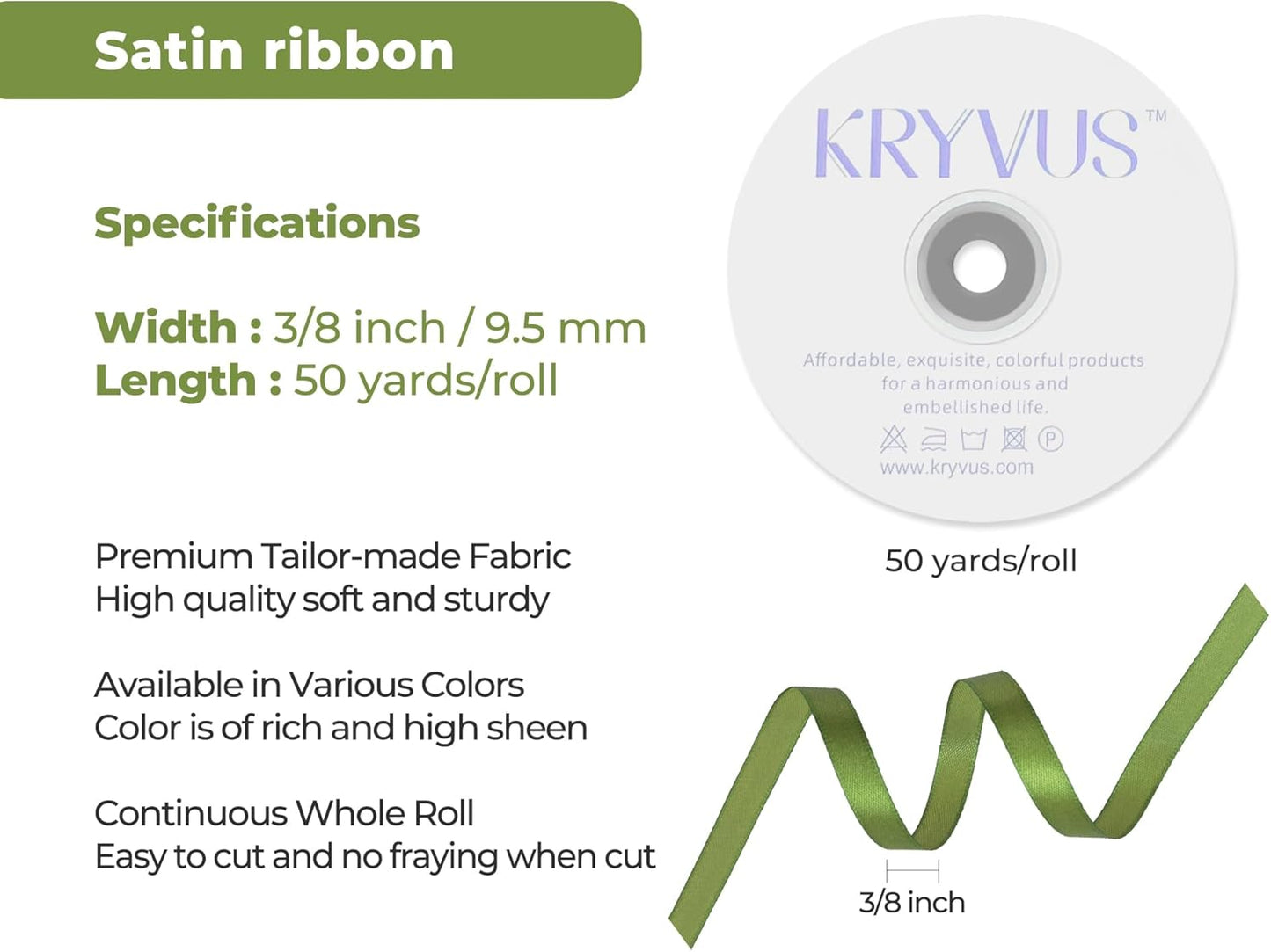 Olive Green Satin Ribbon 3/8 inch X Continuous 50 Yards, Single Face Polyester Ribbon Perfect for Gift Wrapping, Flower Bouquet, Wedding Decor, Crafts, Bow Making, Sewing and More