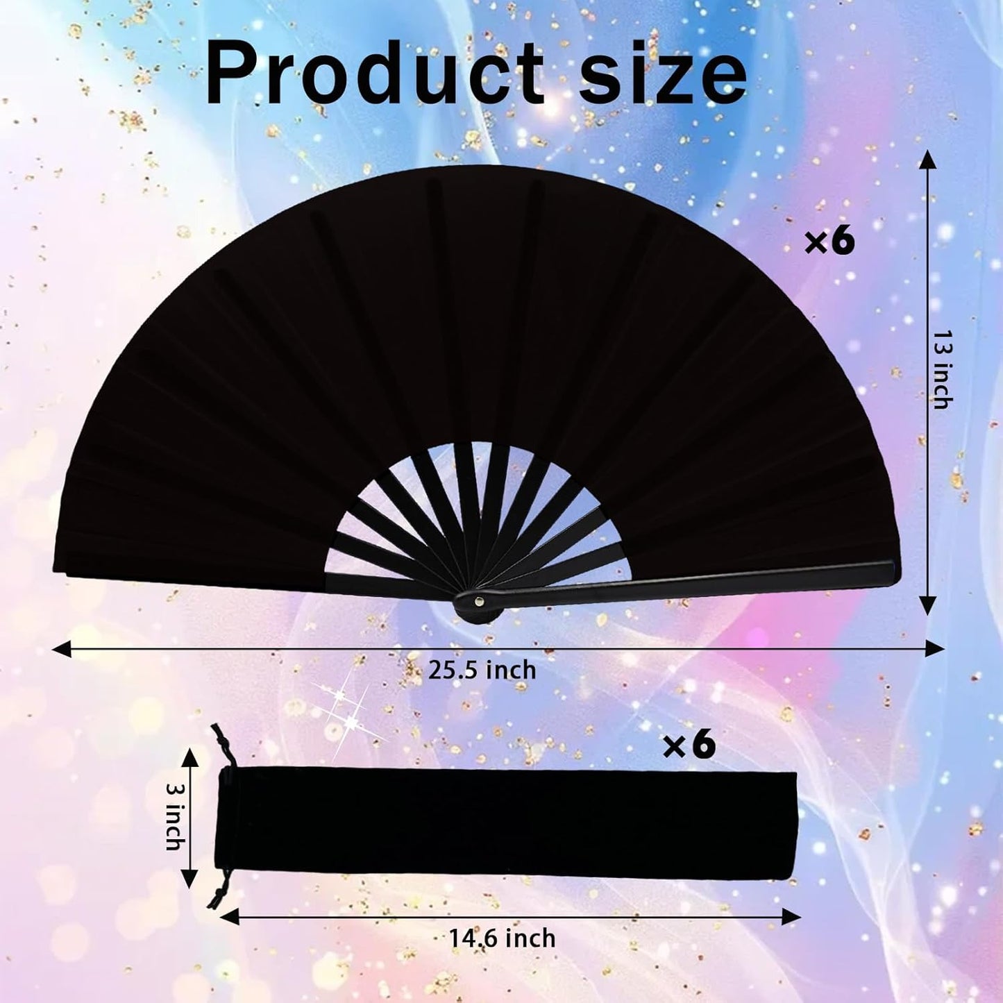 13inch Large Rave Fan Popping Clacking Fans for Line Dancing,Hand Fans for Women Foldable,Boots on The Ground Fan,Portable for Outdoor,Wedding,Party,Decoration (6pcs Black)
