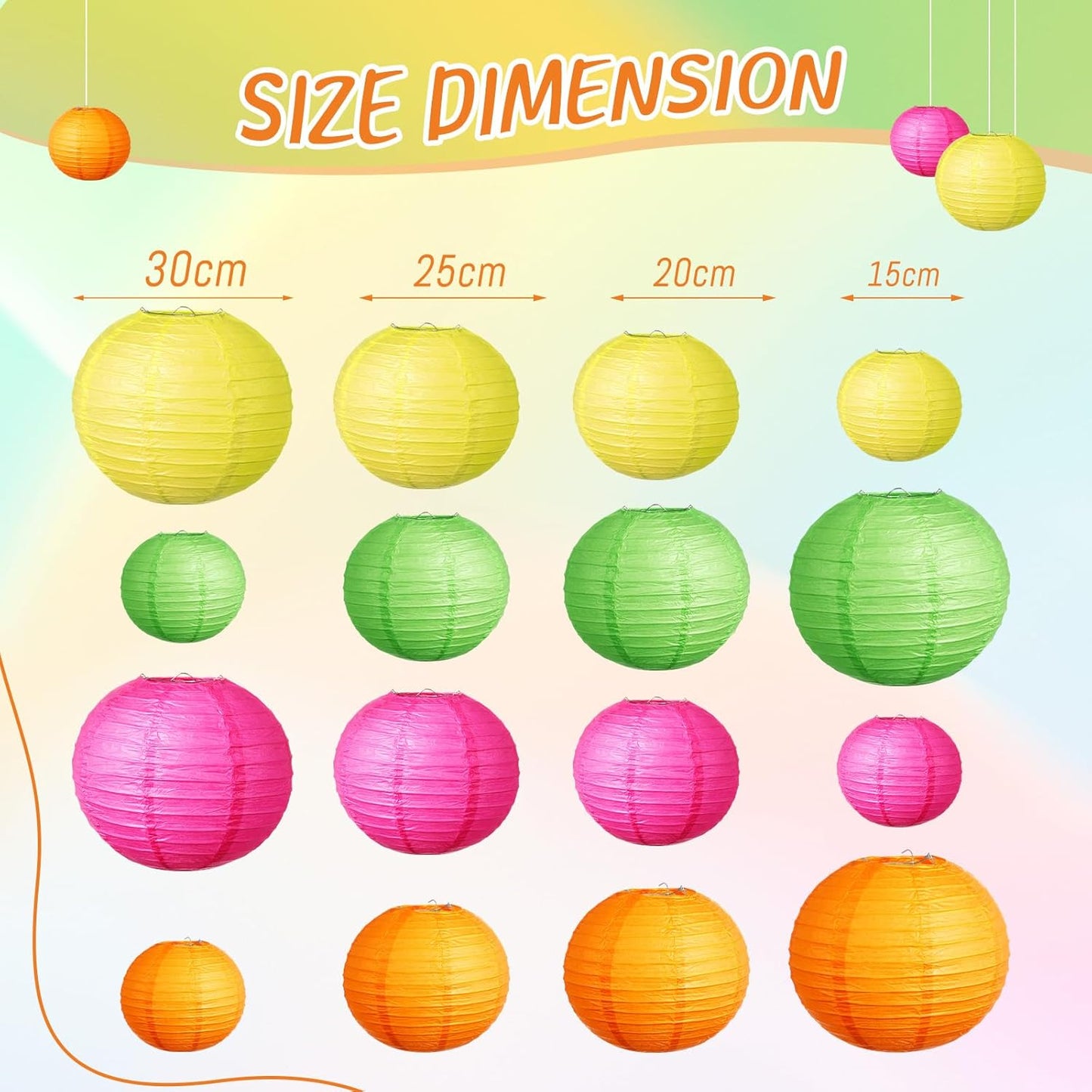 Riakrum 16 Pcs Neon Themed Paper Lanterns Birthday Party Decorations Mixed Size 6'' 8'' 10'' 12'' Colorful Chinese Hanging Paper Lanterns for Wedding Home Decorations Supplies