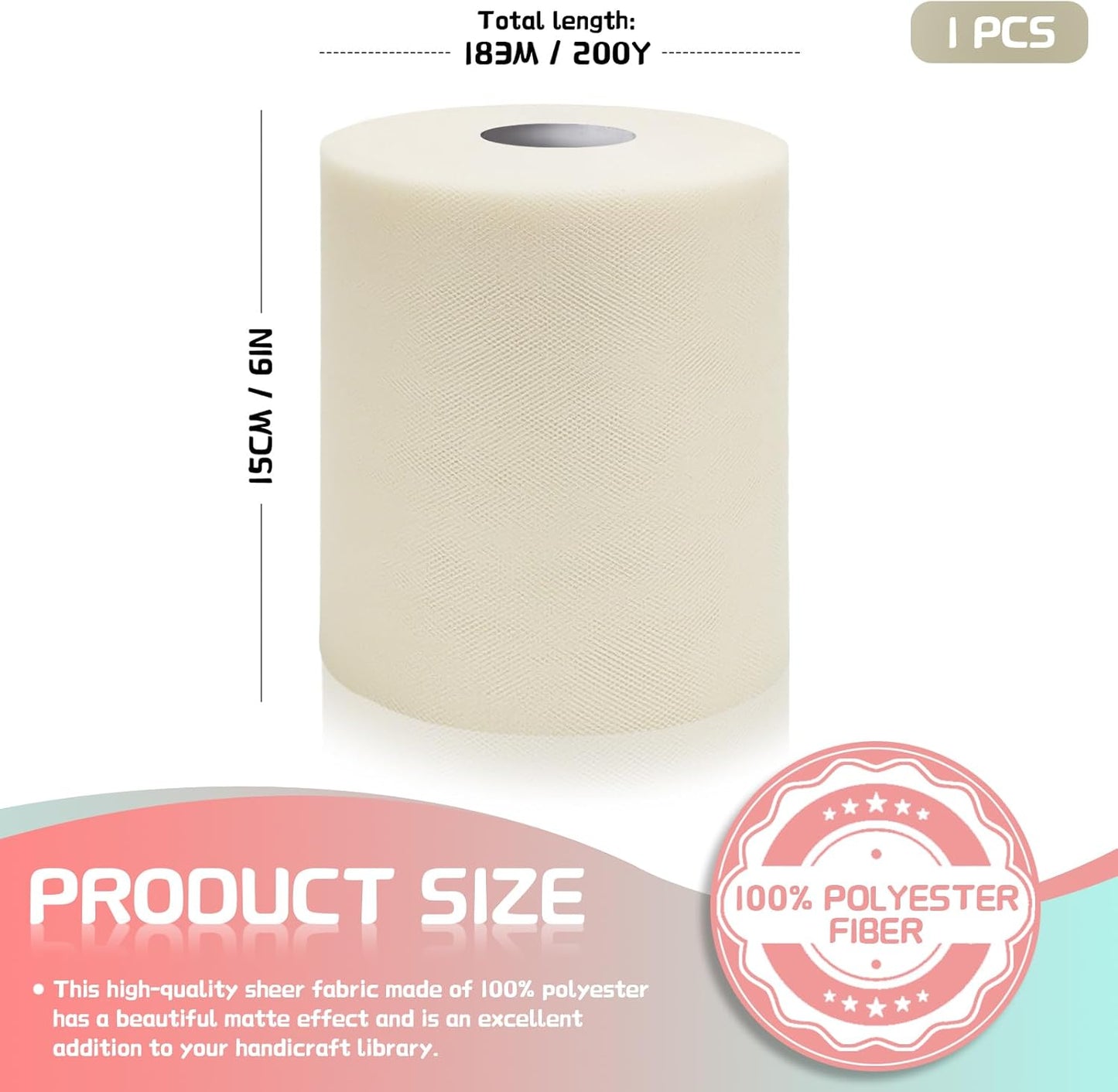 6" x 200 Yards Lvory Tulle Fabric Rolls, Lvory Spool Tulle Ribbon for DIY Tutu Skirt Wedding Decoration Baby Shower Birthday Party Backdrop Gift Wrapping Bow Craft Supplies