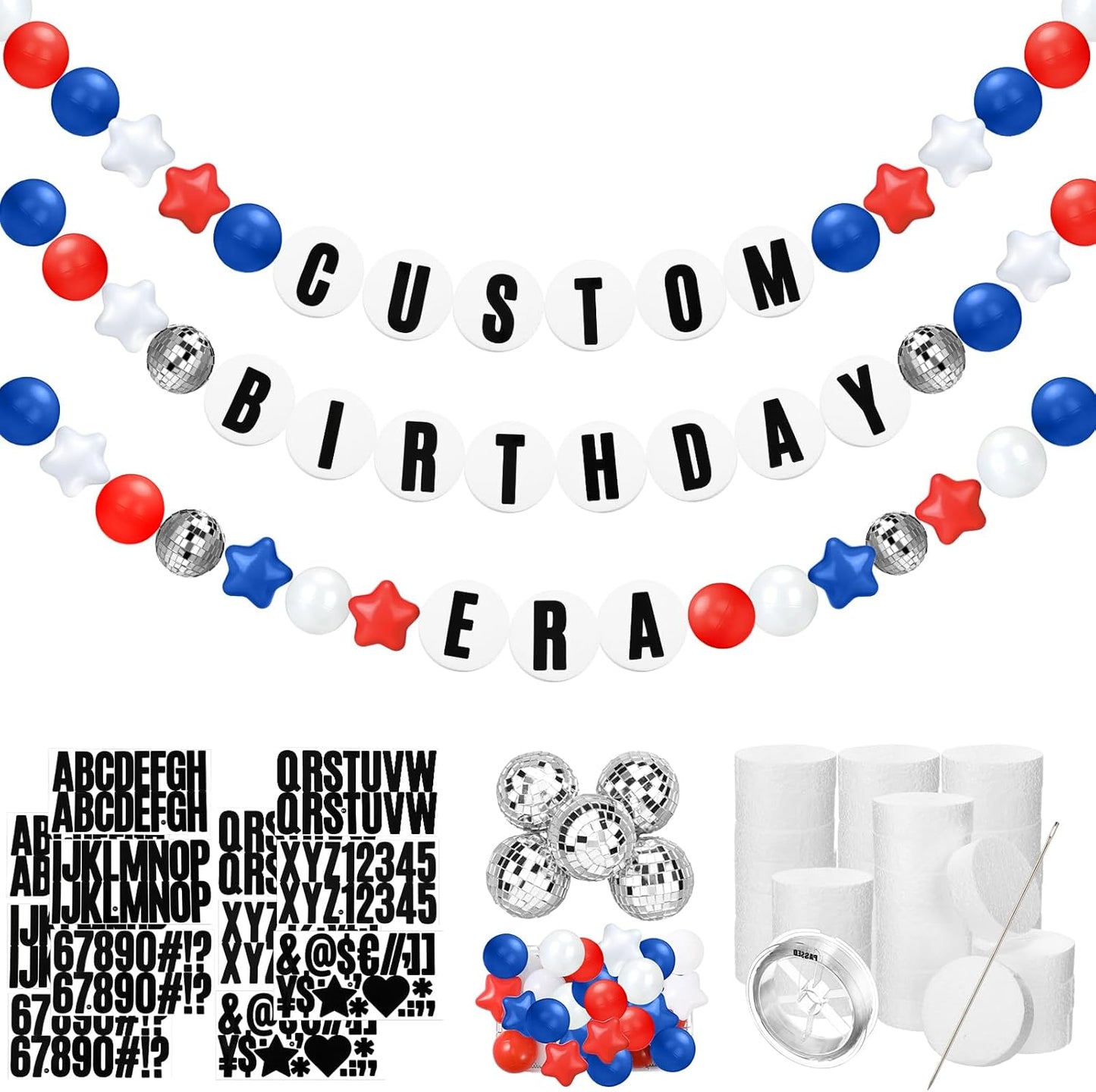 Giant Friendship Bracelet Garland Kit, DIY Birthday Banner with Letters Ball Jumbo Customizable Friendship Bracelet Decor for Halloween Christmas Wedding Party(White, Red, Blue)