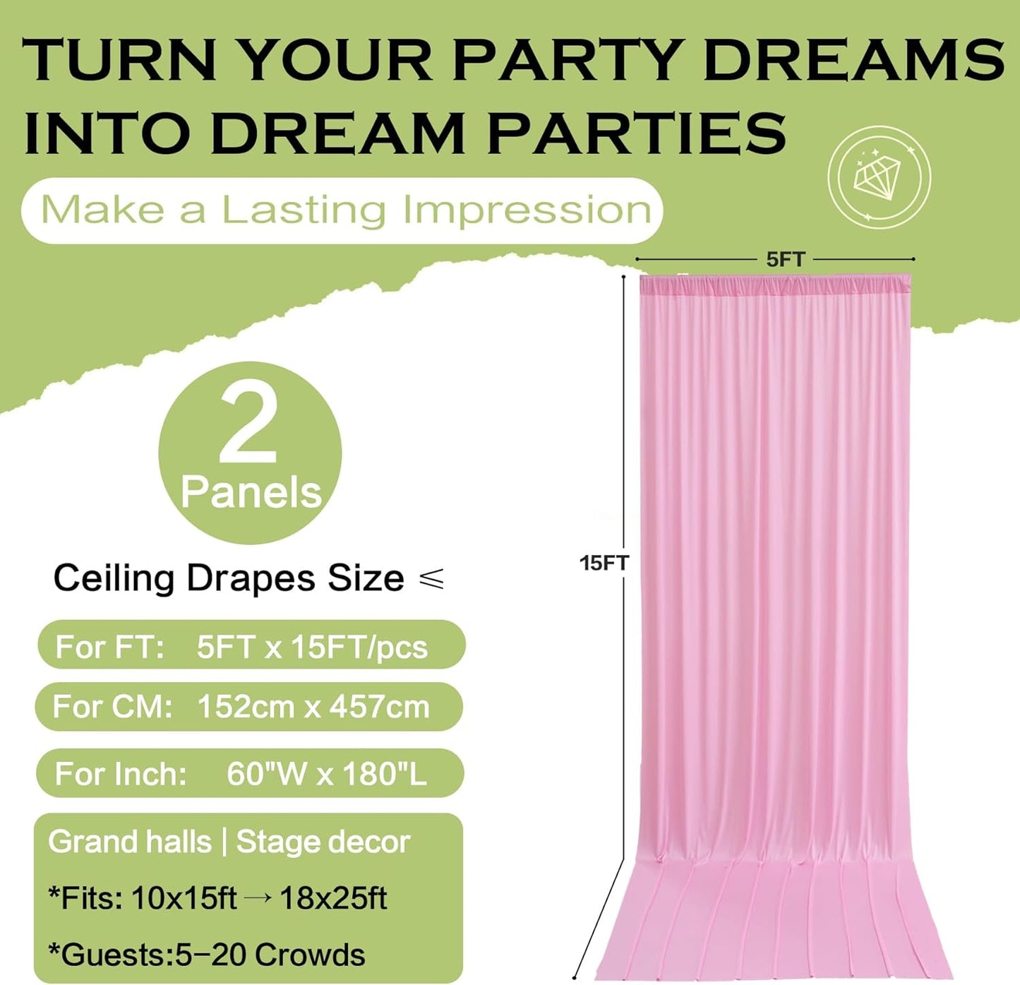 PartyVillage 10ft×15ft Light Pink Backdrop Curtain for Wedding Parties, 2 Panels Wrinkle Free 15 FT Long Polyester Photo Backdrop Drapes Back Drop Cloth for Birthday Photography Background