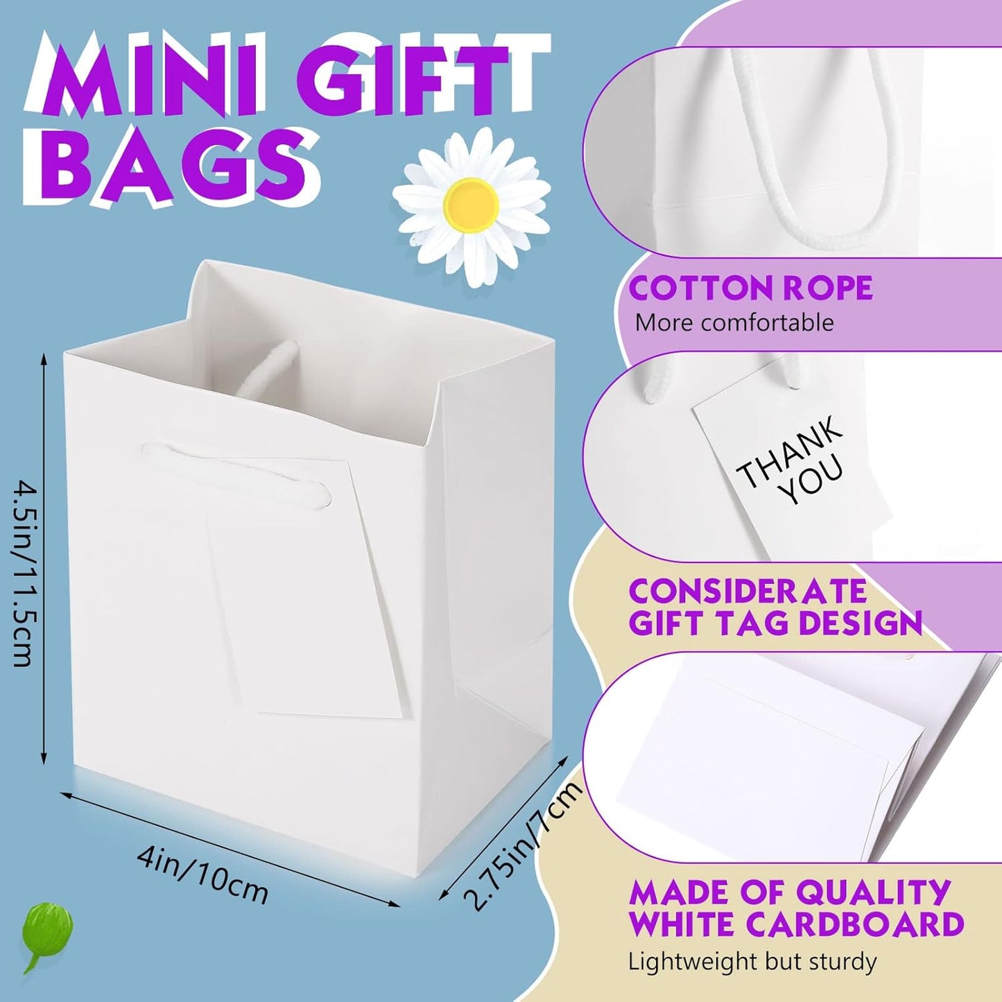 Sherr 100 Pack Mini Gift Bags Bulk, 4 x 2.75 x 4.5 Inches Paper Bags with Tags, Extra Small Paper Gift Boxes with Handles for Birthday, Party Favors, Weddings, Small Business(White)