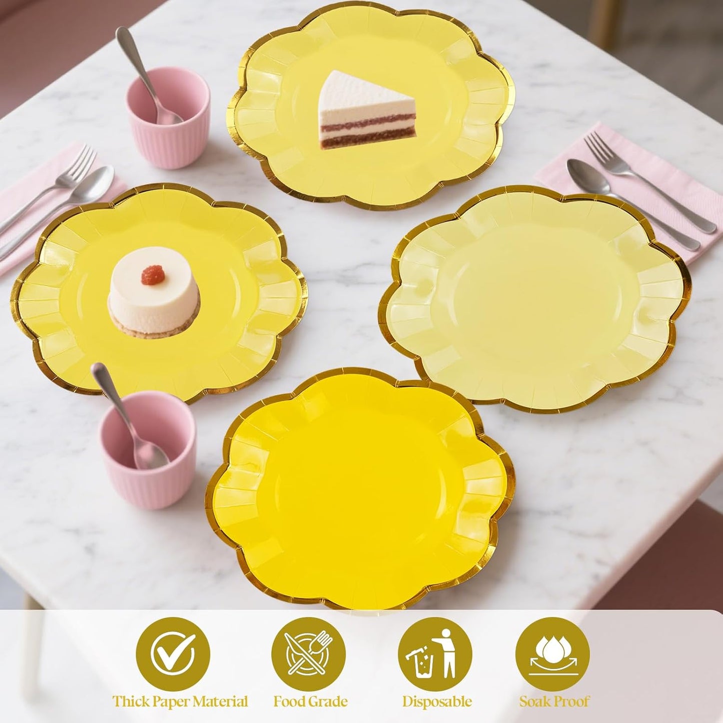 48Pcs Yellow Scalloped Party Plates - 7inch Gold Foil Gradient Yellow Dessert Paper Plate Disposable Cake Plates for Birthday Bridal Baby Shower Wedding Party Decorative Supplies