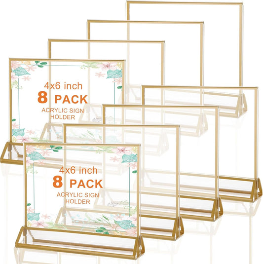 8PCS 6x4 Acrylic Sign Holders with Golden Border, Double-Sided Picture Frames, Clear Gold Table Number Holders for Wedding Reception, Centerpiece, Decoration, Party